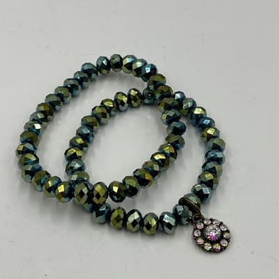 Vintage Iridescent Peacock Beaded Stretch Bracelet Set Teal Green Crystal Charm - Thumbnail 4