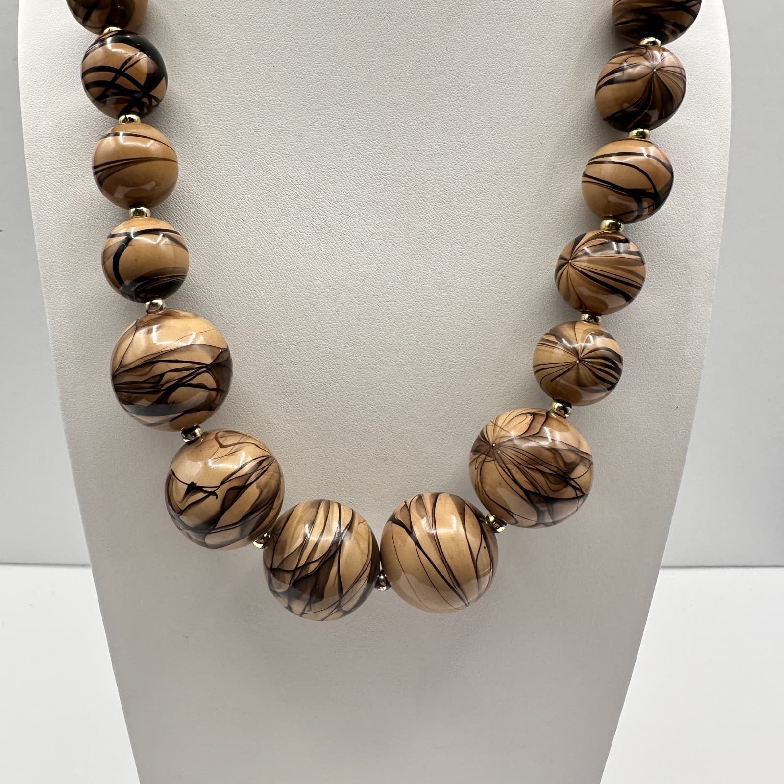 Vintage 80s Marbled Effect Beaded Statement Necklace Gold Tone Spacer Jewelry - Thumbnail 2