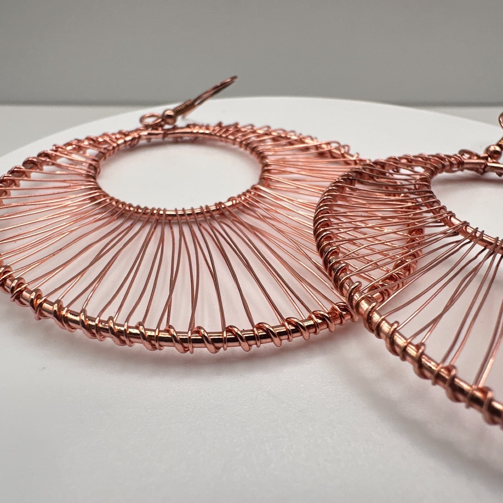 Vintage 90s Rose Gold Tone Wire Wrapped Large Round Hoop Dangle Earrings Boho - Thumbnail 5