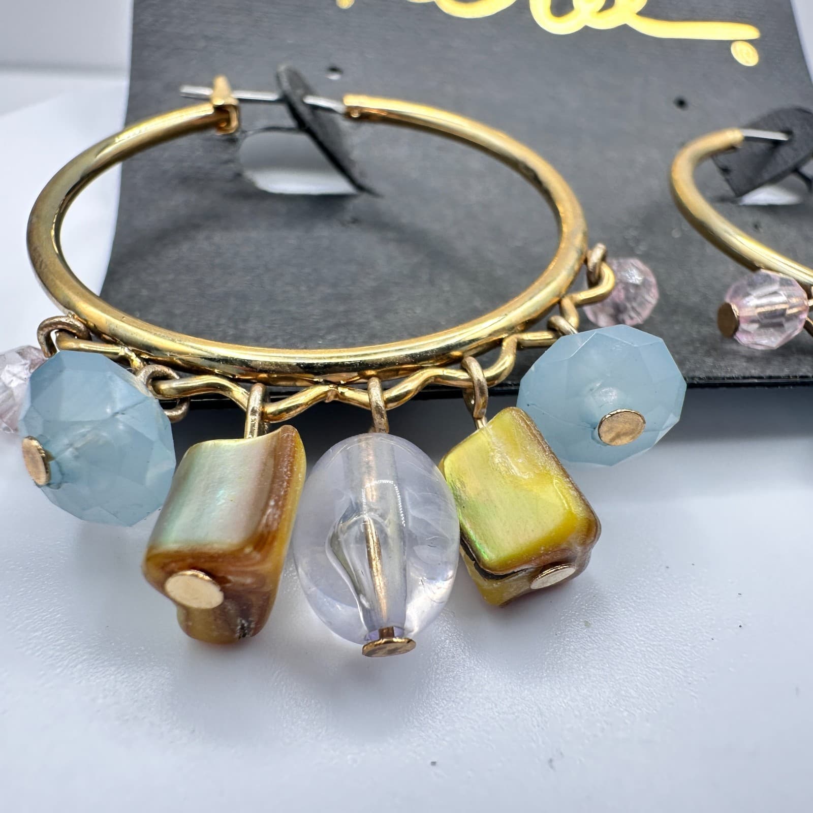 Vintage 90s Cookie Lee Gold Tone Hoop Earrings Multi-Colour Beads Ring Jewelry - Thumbnail 3