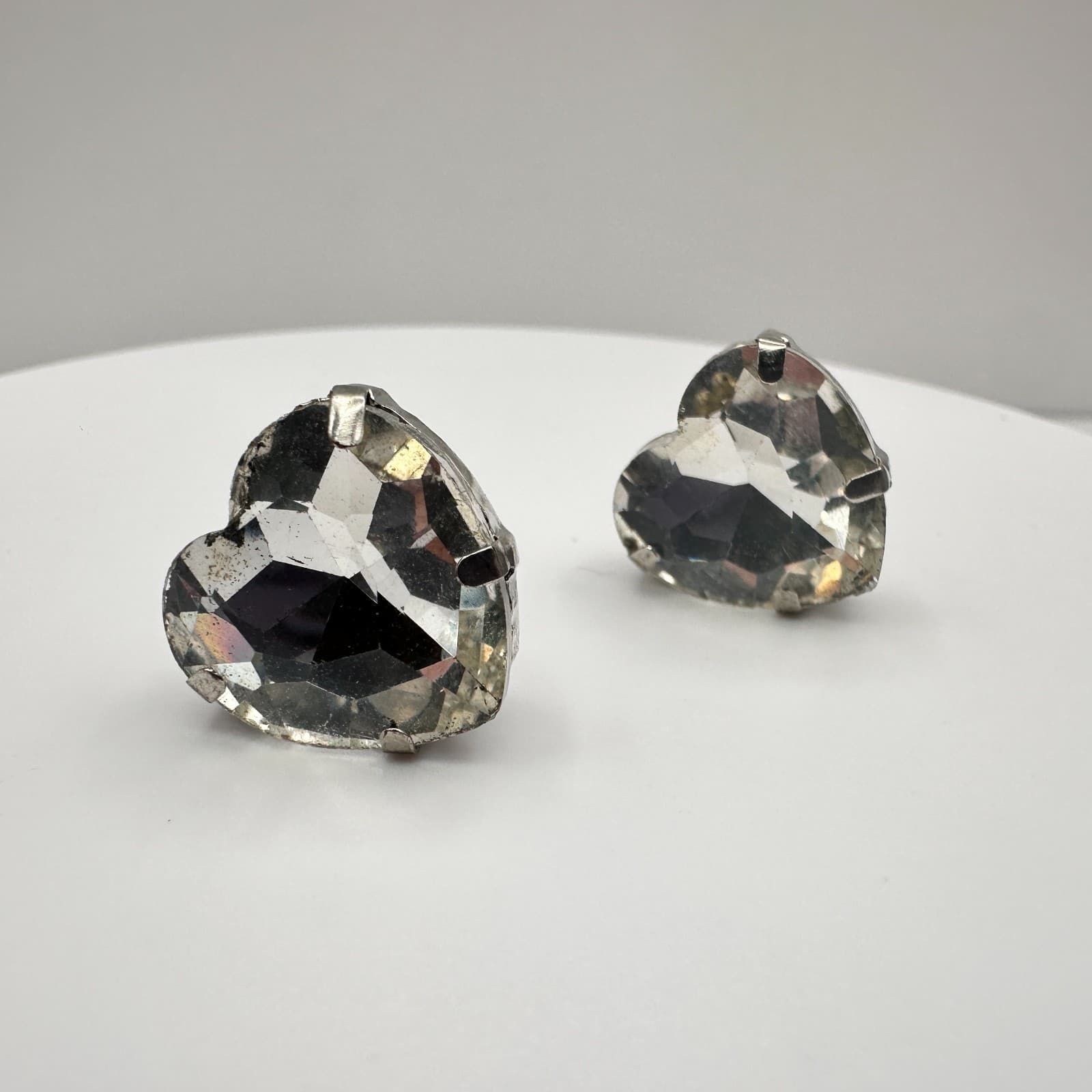Vintage 90s Silver Tone Large Clear Heart Glass Stud Earrings Retro Jewelry - Thumbnail 6
