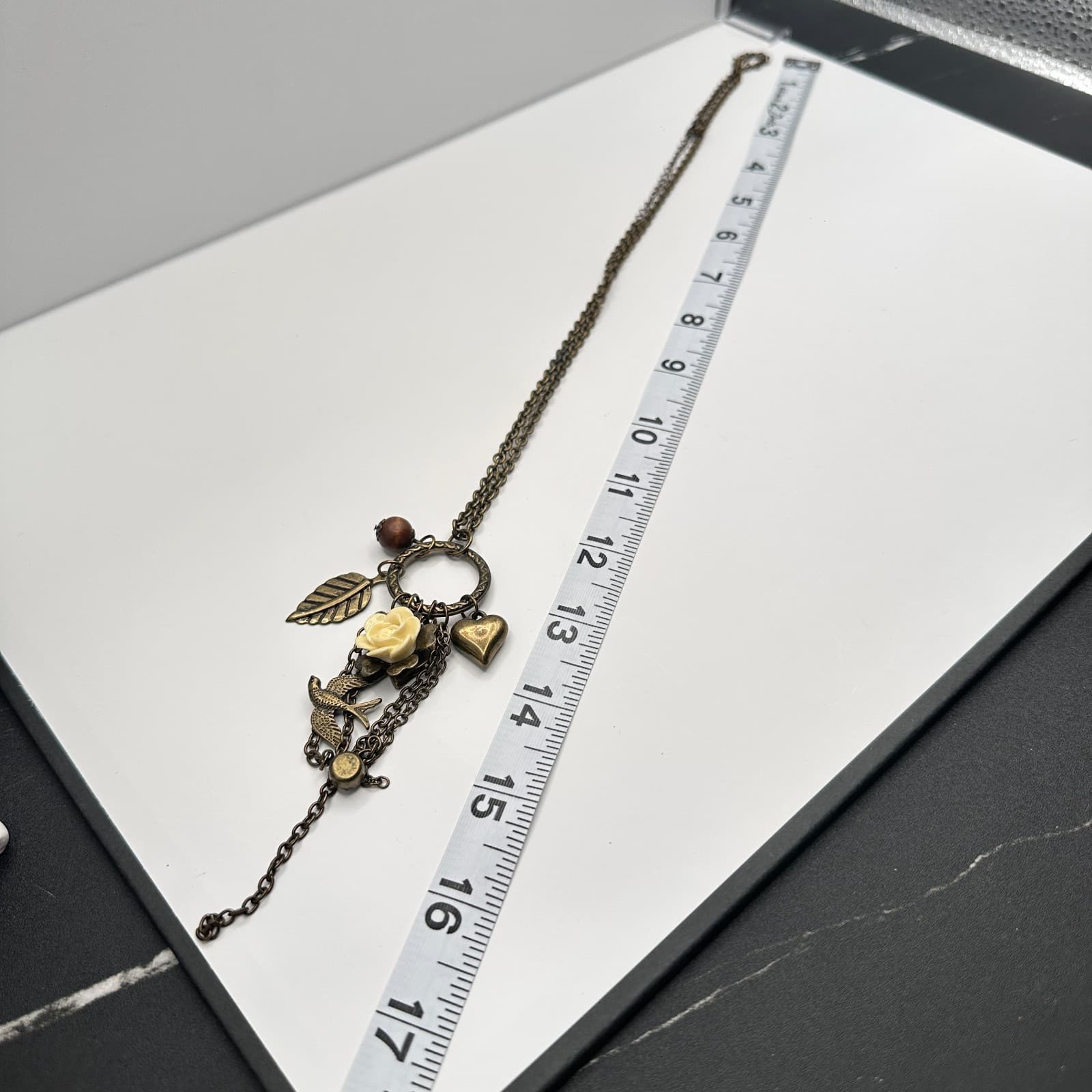 Vintage 90s Nature Charm Bronze Tone Necklace Rose Bird Leaf Boho Statement - Thumbnail 10