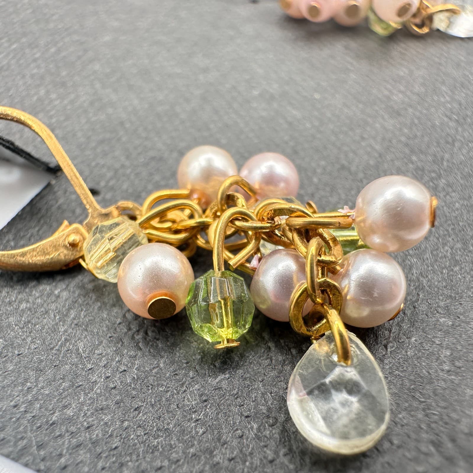 Vintage 90s Cookie Lee Pearl & Glass Cluster Dangle Gold Tone Earrings Jewelry - Thumbnail 9