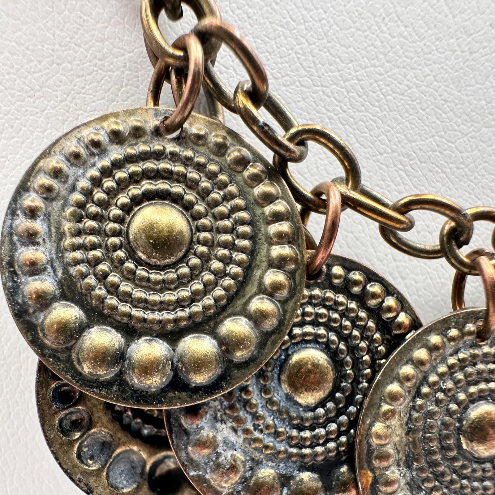 Vintage 70s Bronze Tone Tribal Coin Medallion Chain Hook Dangle Necklace Jewelry - Thumbnail 4