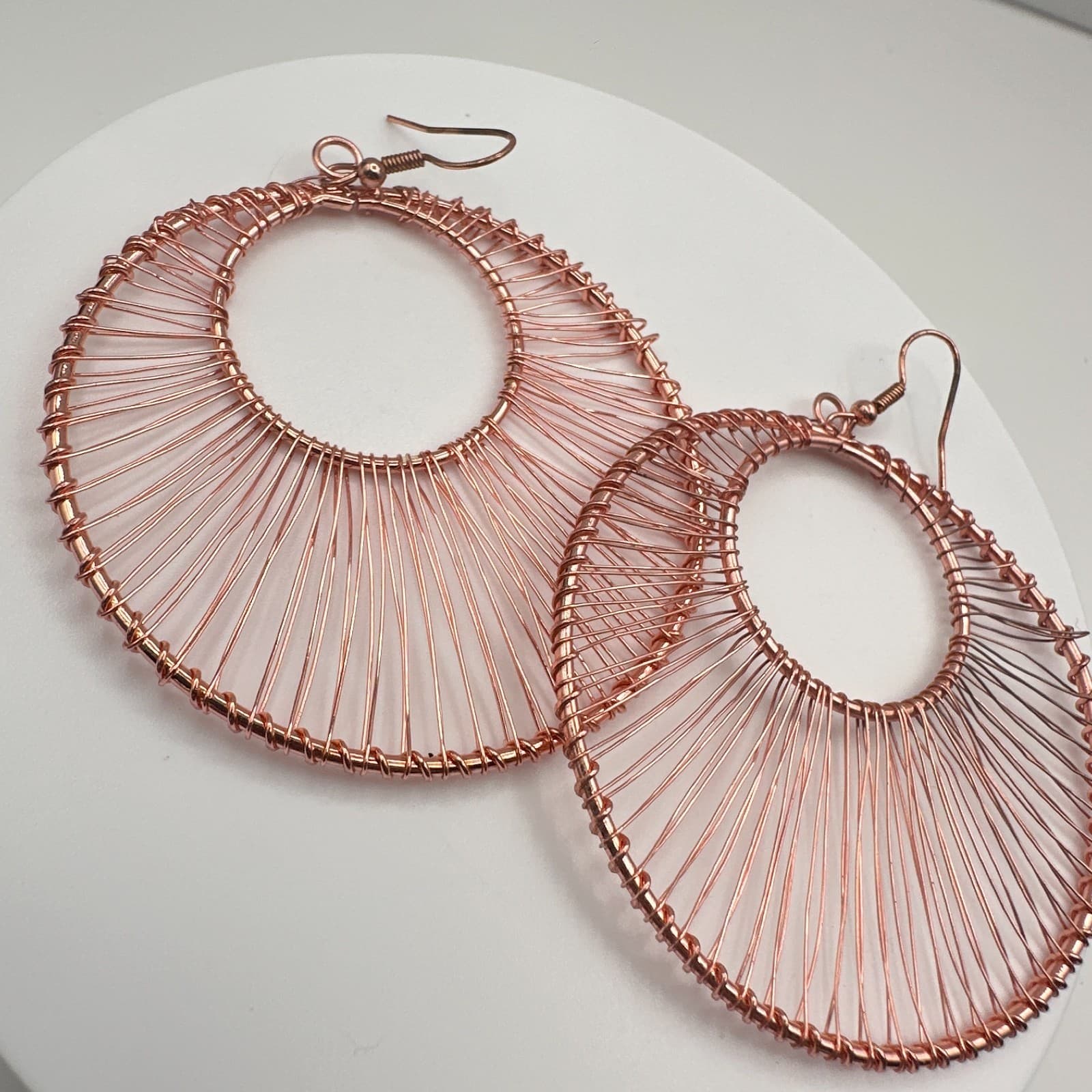 Vintage 90s Rose Gold Tone Wire Wrapped Large Round Hoop Dangle Earrings Boho - Thumbnail 3