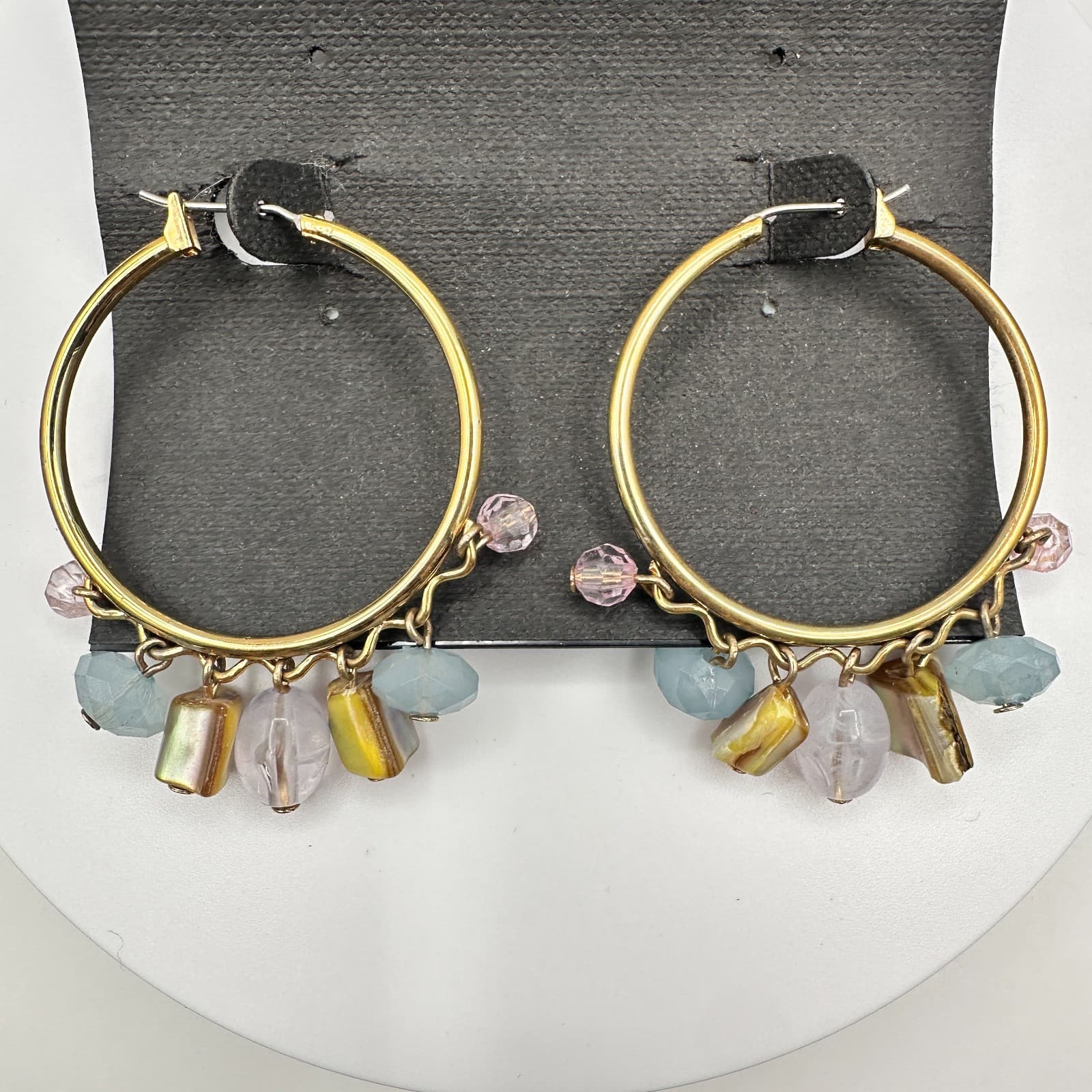 Vintage 90s Cookie Lee Gold Tone Hoop Earrings Multi-Colour Beads Ring Jewelry - Thumbnail 2