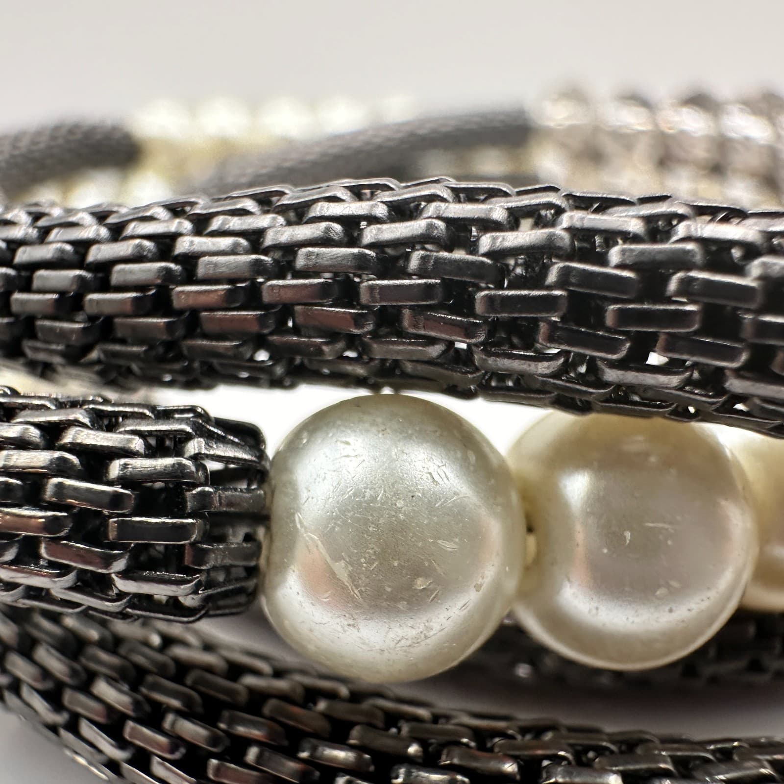 Vintage 90s Mixed Media Wrap Bracelet Pearl Glass Gunmetal Mesh Boho Statement - Thumbnail 11
