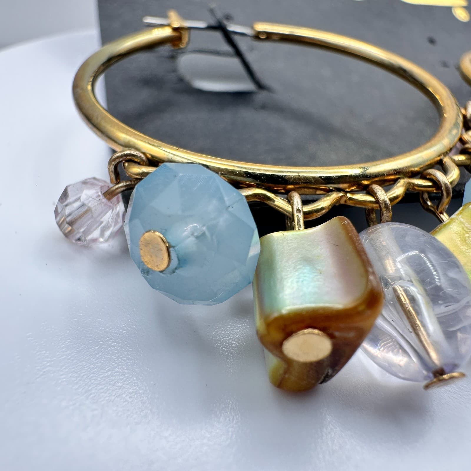 Vintage 90s Cookie Lee Gold Tone Hoop Earrings Multi-Colour Beads Ring Jewelry - Thumbnail 4