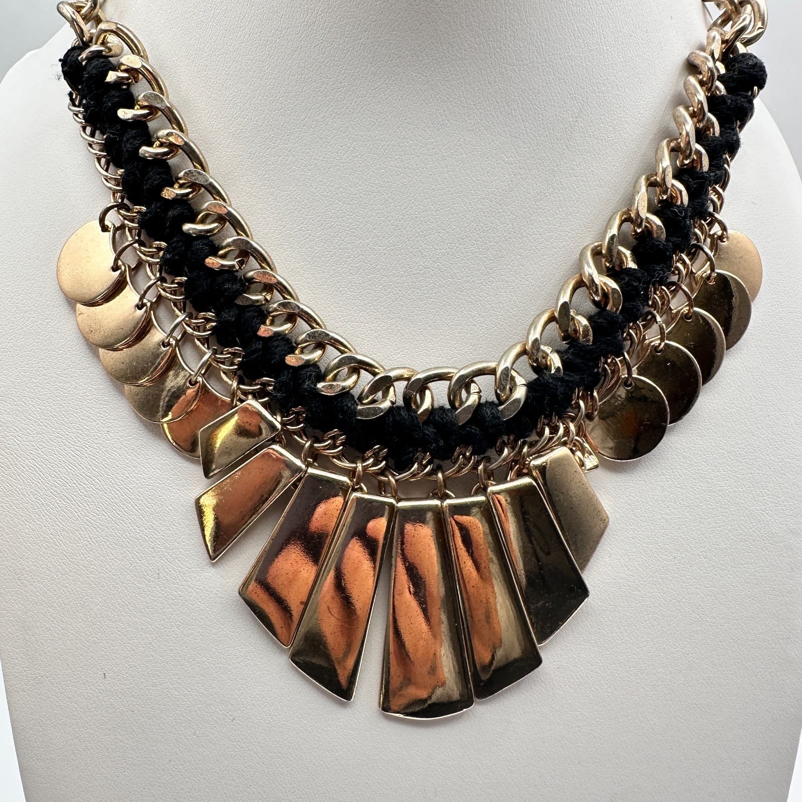 Vintage 90s Lalang Gold Tone Black Rope Chain Fringe Statement Necklace jewelry - Thumbnail 11