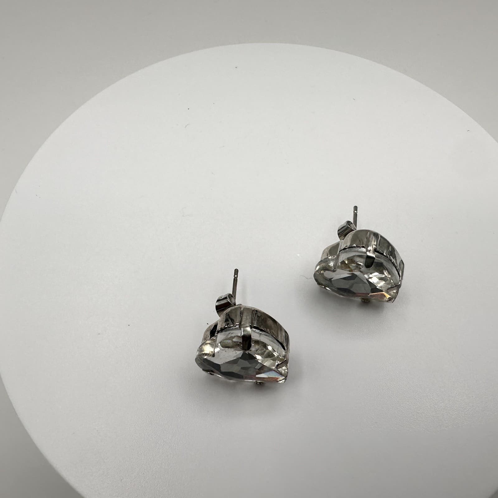 Vintage 90s Silver Tone Large Clear Heart Glass Stud Earrings Retro Jewelry - Thumbnail 7