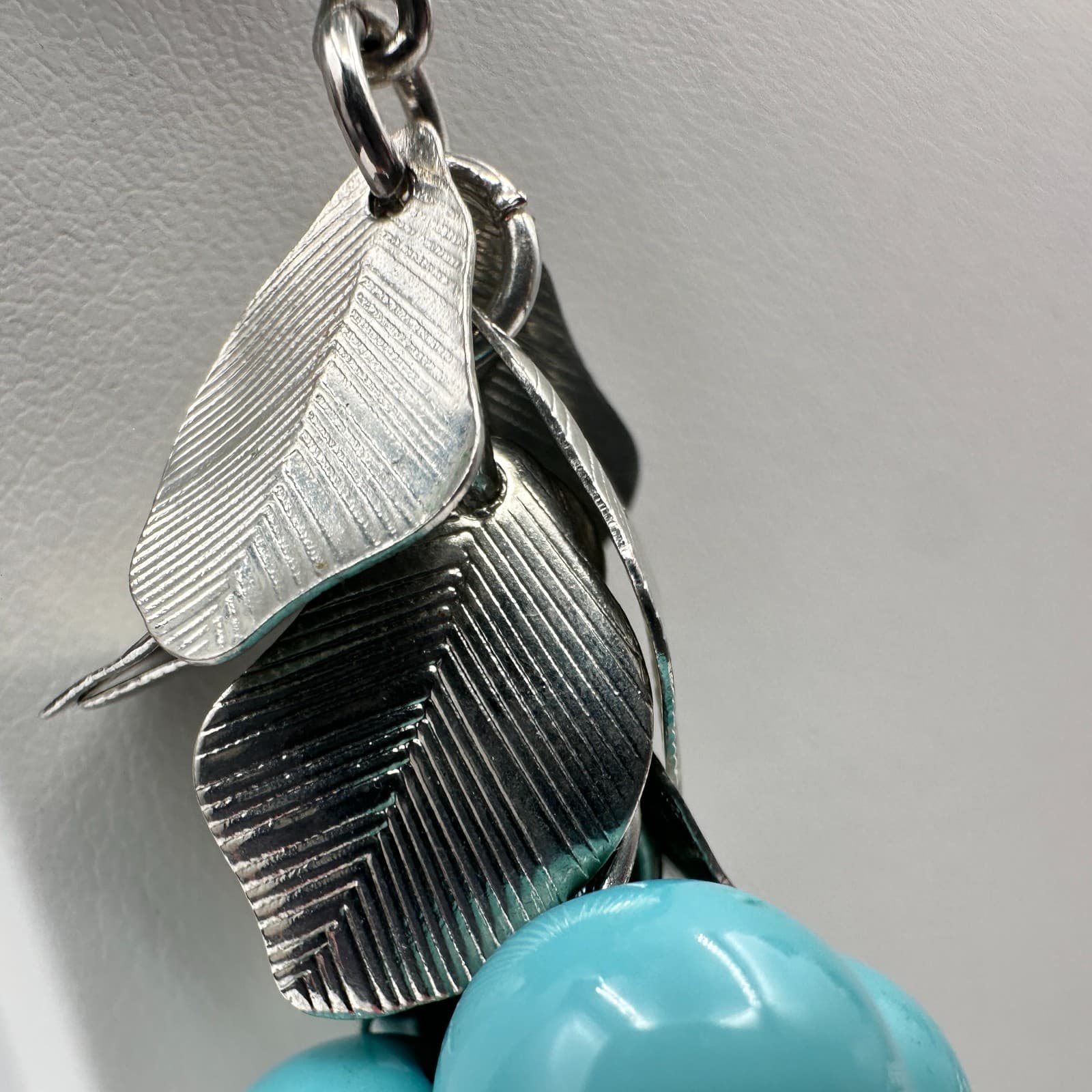 Vintage 90s Silver Tone Blue Turquoise Bead Leaf Cluster Statement Necklace Boho - Thumbnail 7