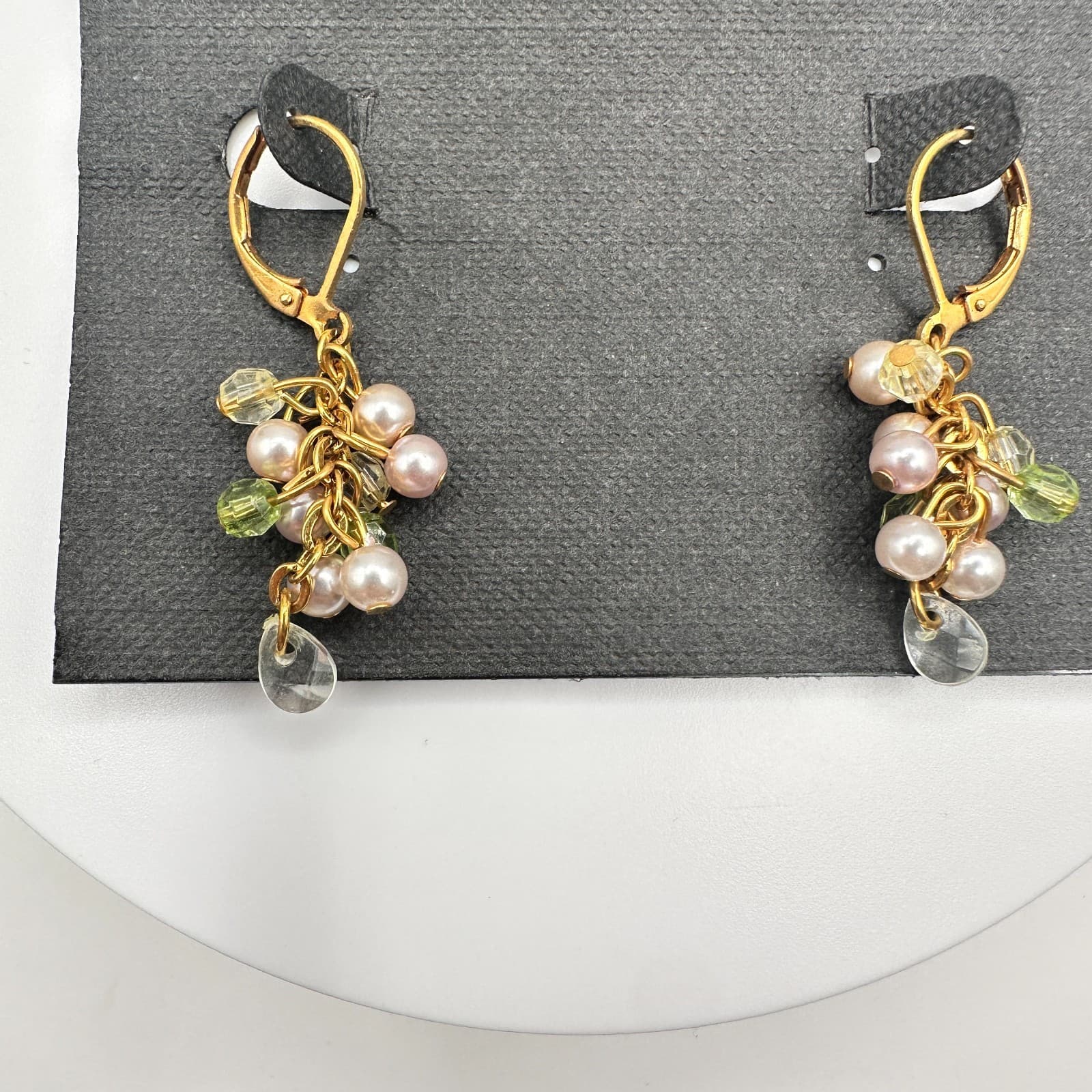 Vintage 90s Cookie Lee Pearl & Glass Cluster Dangle Gold Tone Earrings Jewelry - Thumbnail 2