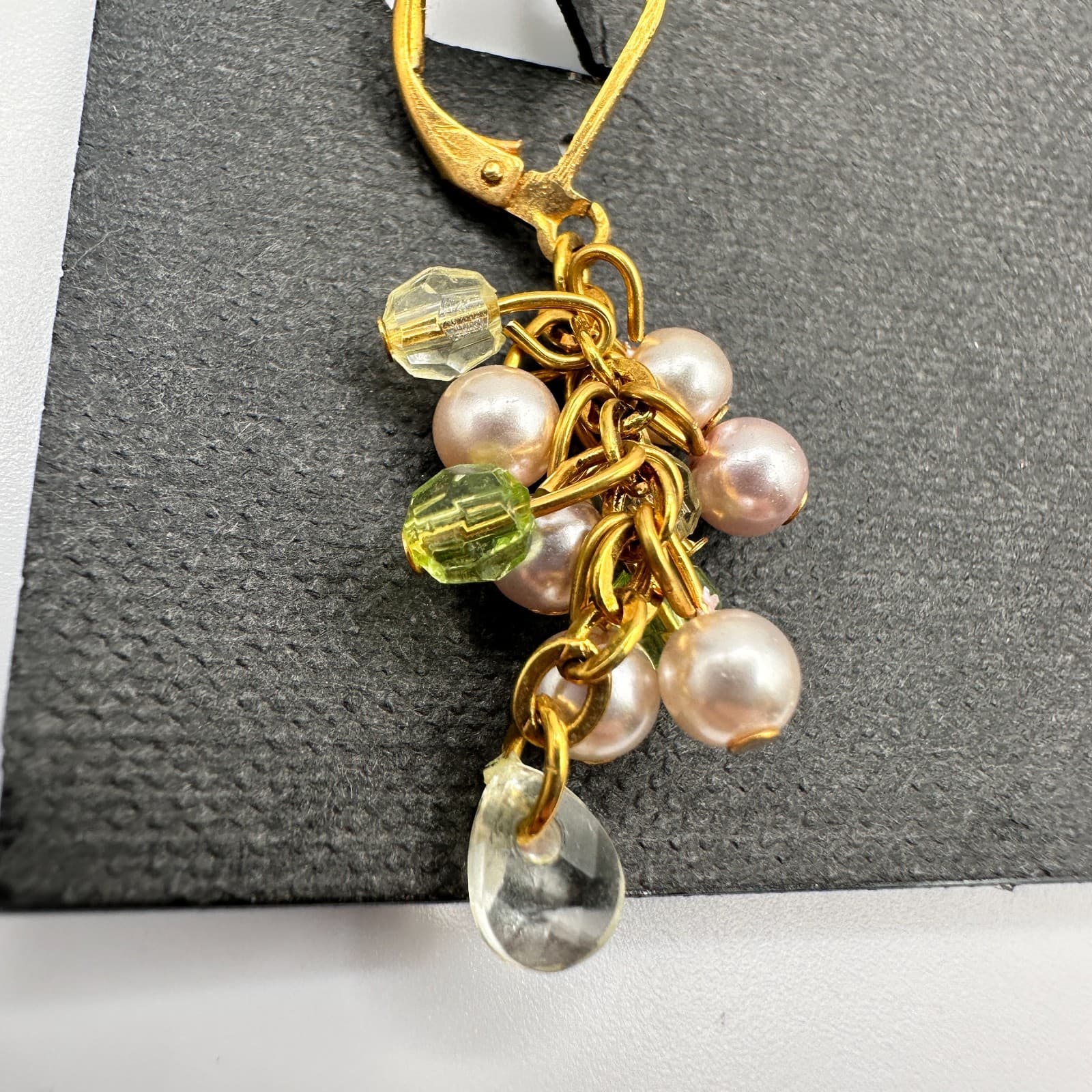 Vintage 90s Cookie Lee Pearl & Glass Cluster Dangle Gold Tone Earrings Jewelry - Thumbnail 3