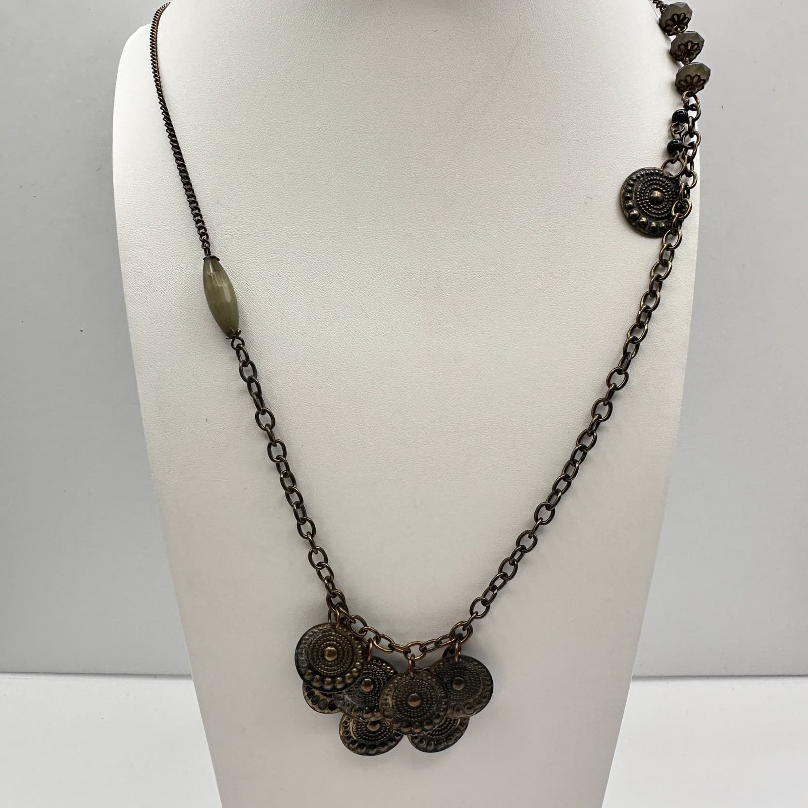 Vintage 70s Bronze Tone Tribal Coin Medallion Chain Hook Dangle Necklace Jewelry - Thumbnail 2