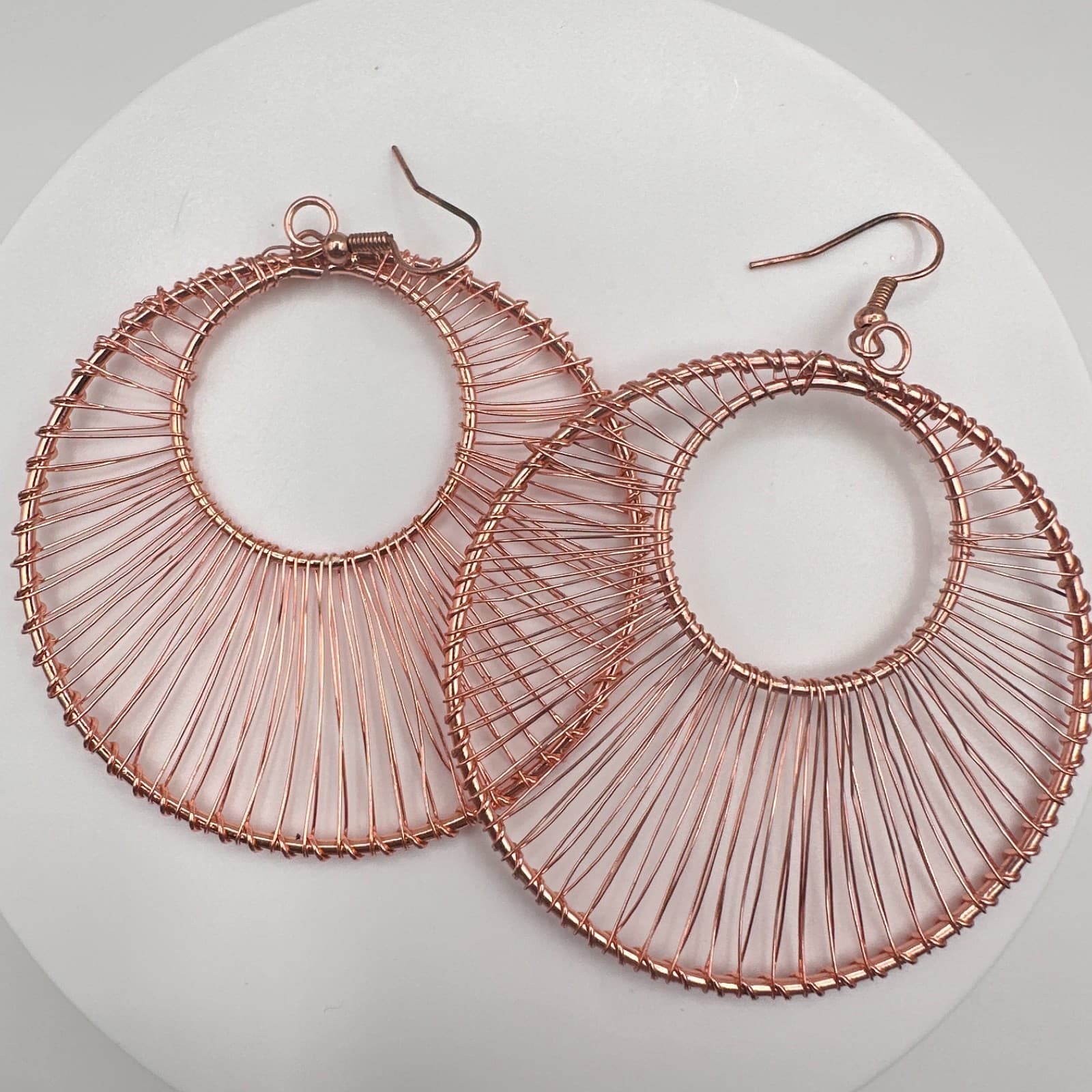 Vintage 90s Rose Gold Tone Wire Wrapped Large Round Hoop Dangle Earrings Boho - Thumbnail 14