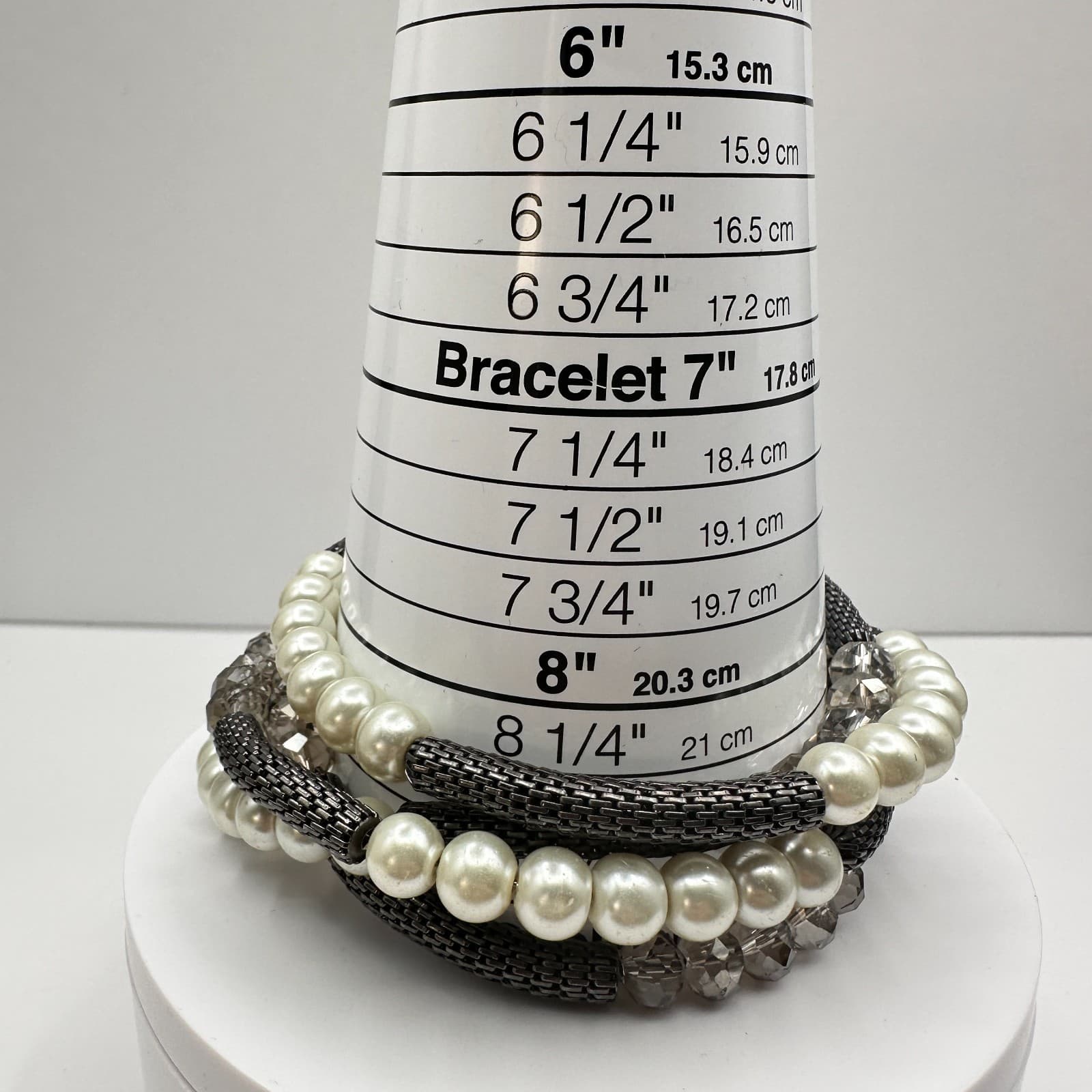 Vintage 90s Mixed Media Wrap Bracelet Pearl Glass Gunmetal Mesh Boho Statement - Thumbnail 14