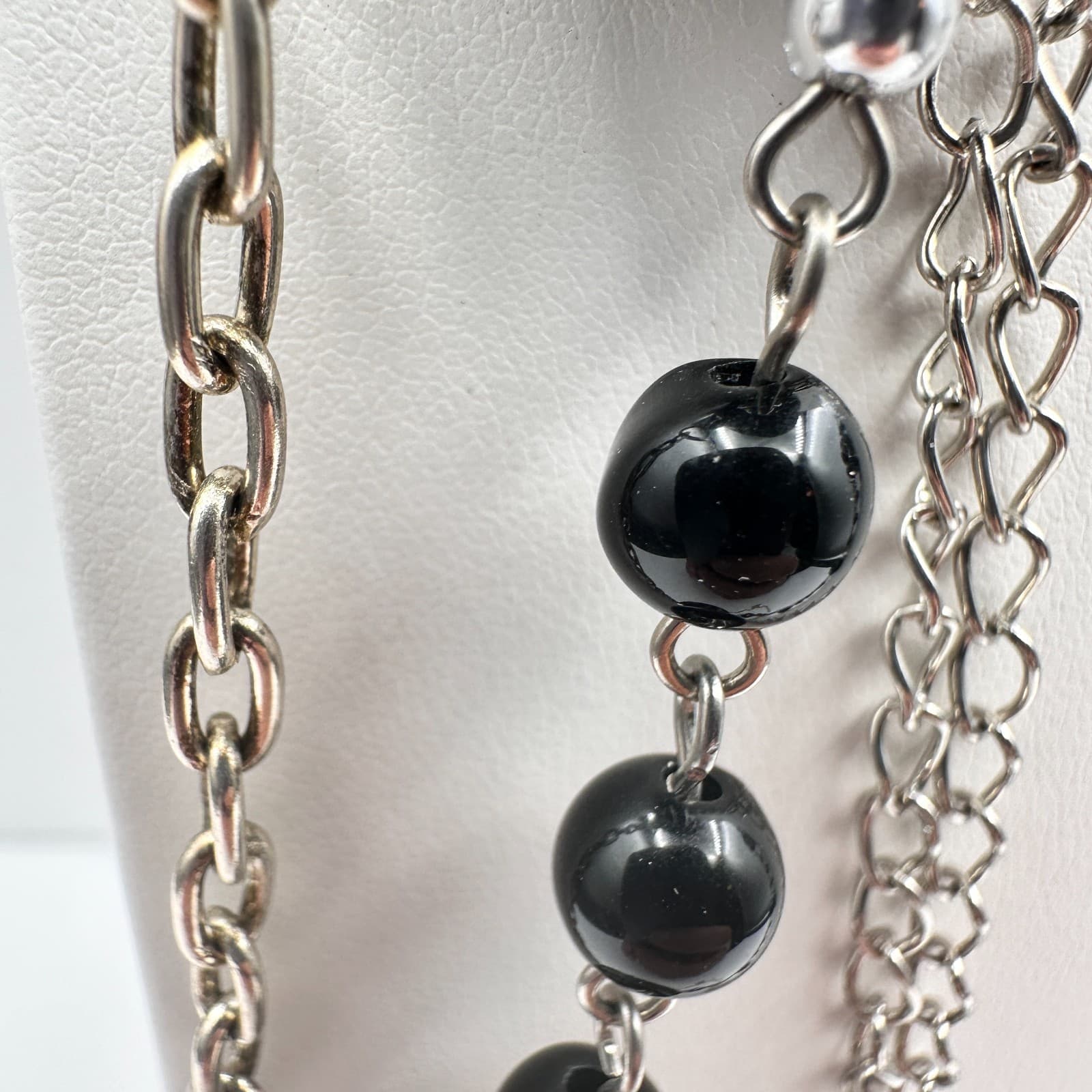 Vintage 90s Multi-Strand Silver Tone Layered Necklace Black Bead Boho Statement - Thumbnail 6