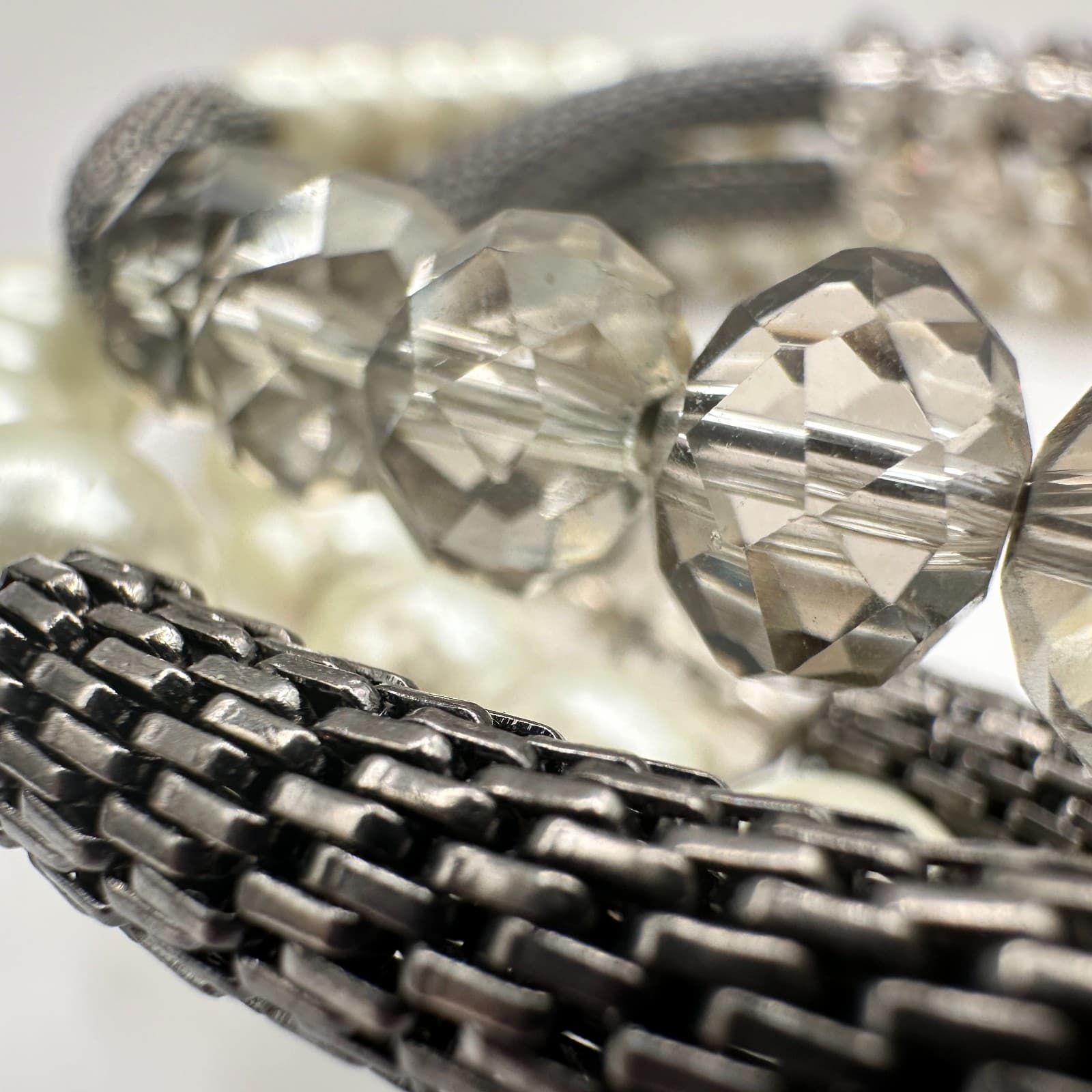 Vintage 90s Mixed Media Wrap Bracelet Pearl Glass Gunmetal Mesh Boho Statement - Thumbnail 13