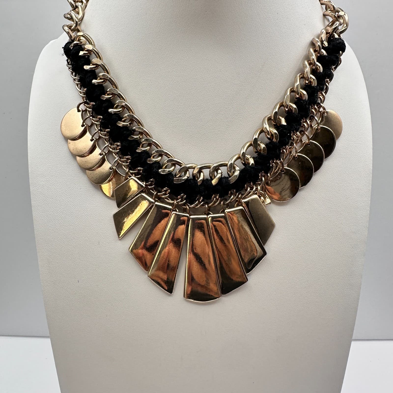 Vintage 90s Lalang Gold Tone Black Rope Chain Fringe Statement Necklace jewelry - Image 1