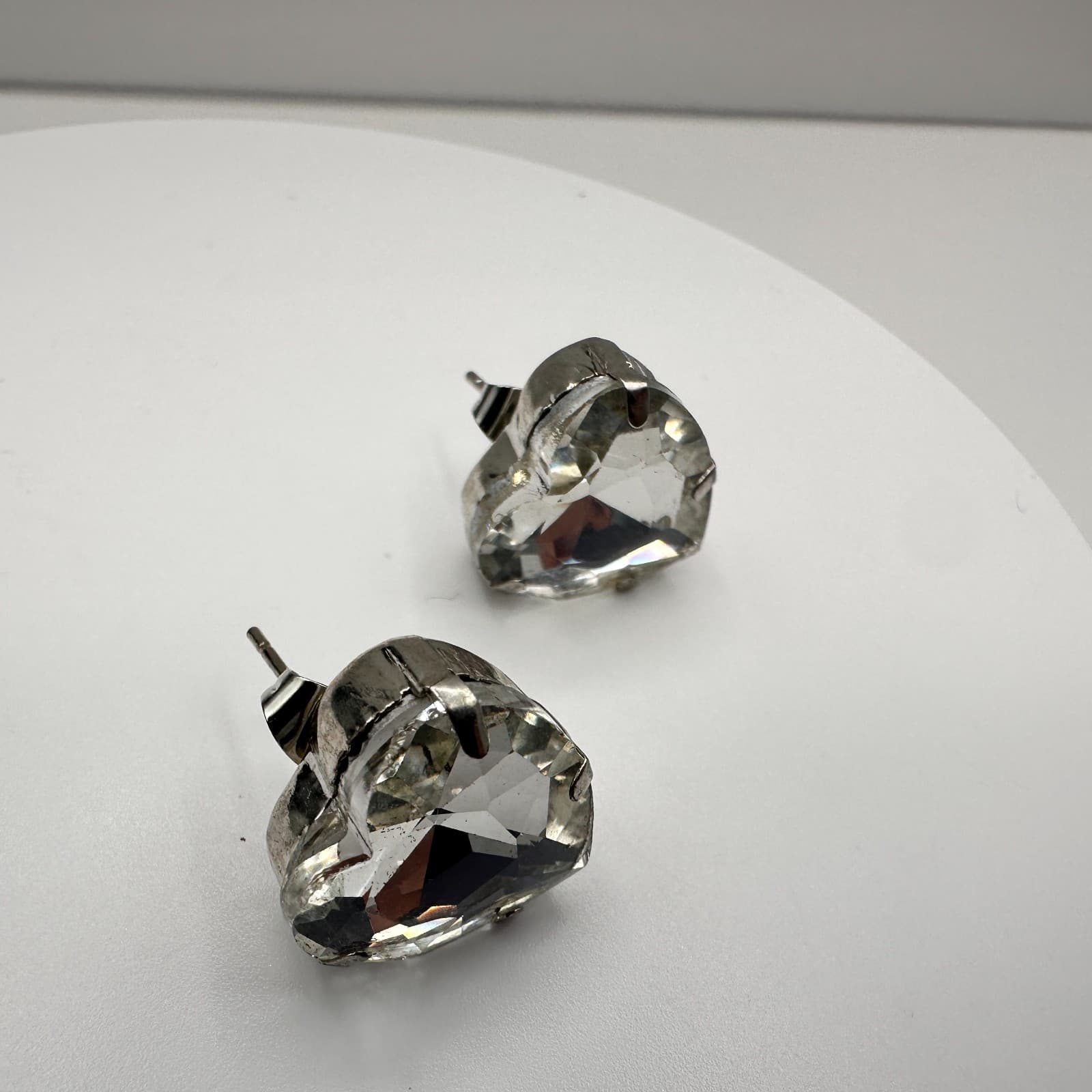 Vintage 90s Silver Tone Large Clear Heart Glass Stud Earrings Retro Jewelry - Thumbnail 9