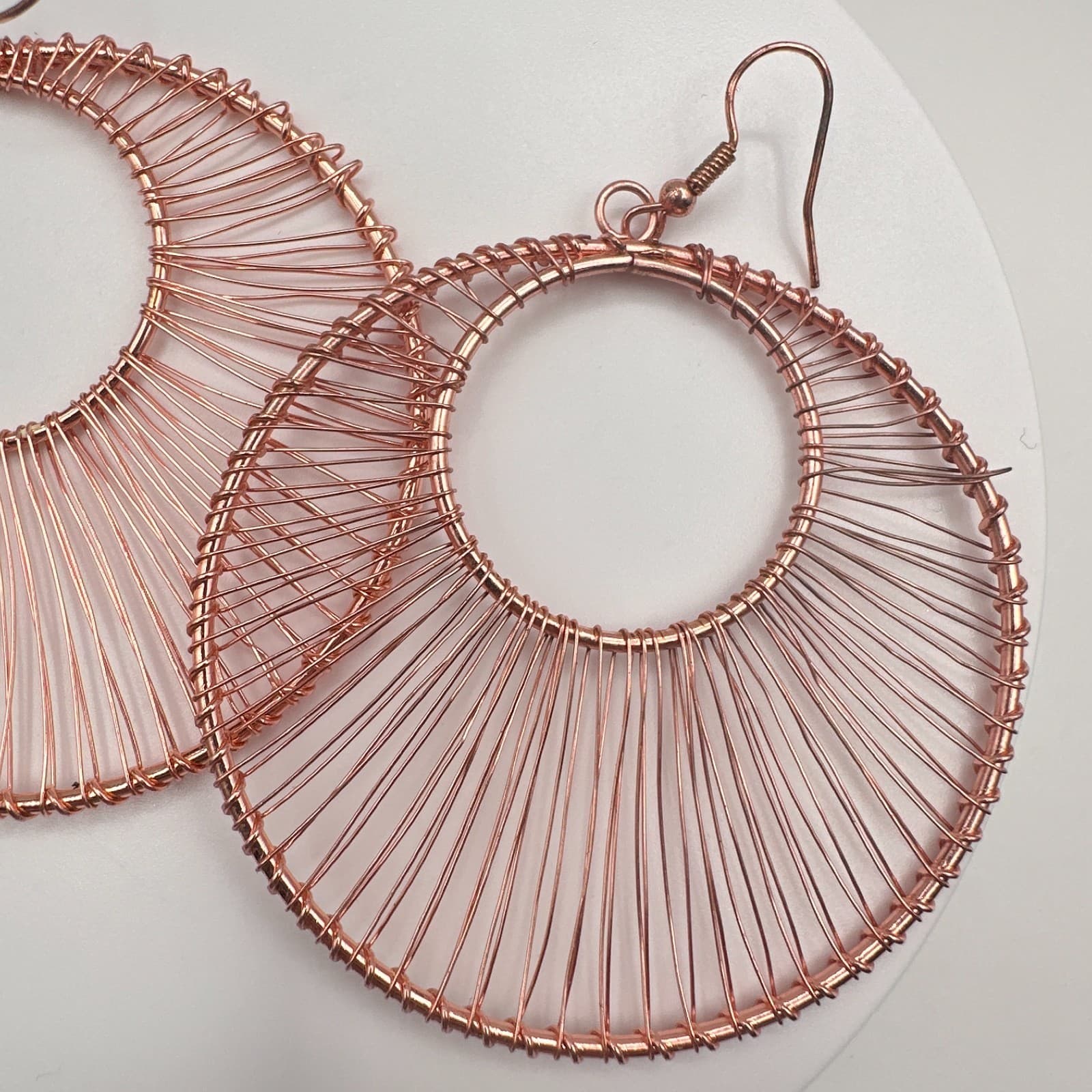 Vintage 90s Rose Gold Tone Wire Wrapped Large Round Hoop Dangle Earrings Boho - Thumbnail 2
