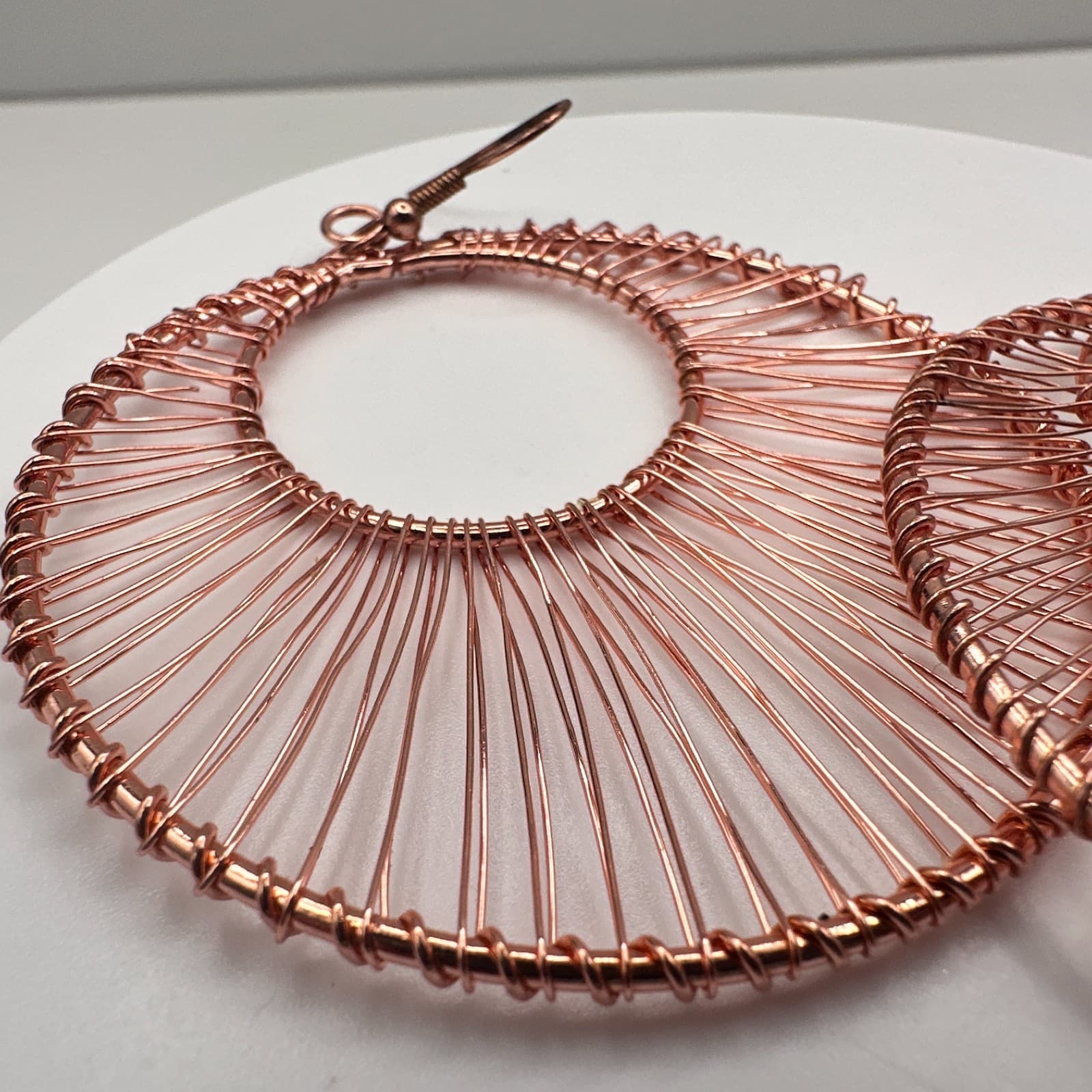 Vintage 90s Rose Gold Tone Wire Wrapped Large Round Hoop Dangle Earrings Boho - Thumbnail 6