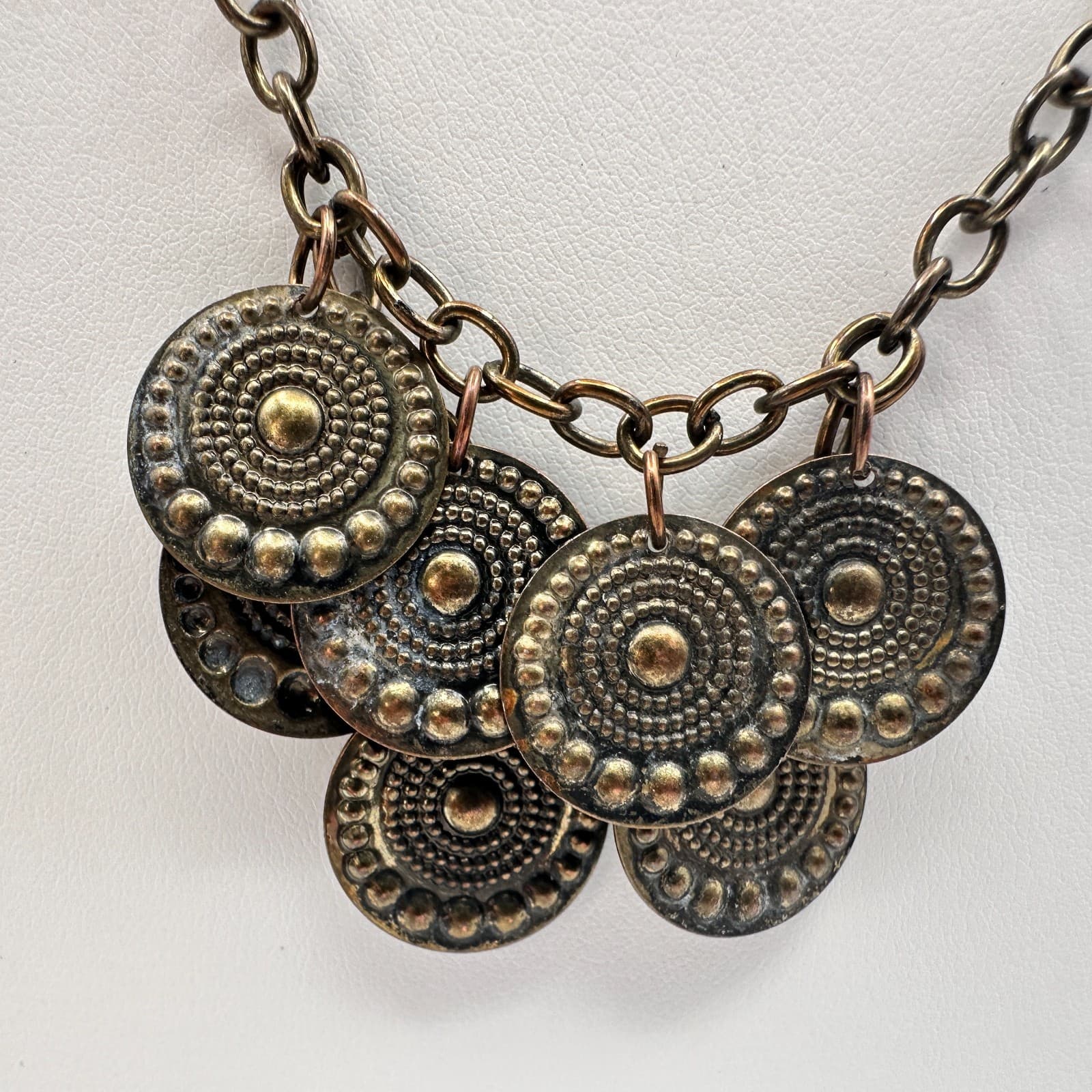 Vintage 70s Bronze Tone Tribal Coin Medallion Chain Hook Dangle Necklace Jewelry - Image 1