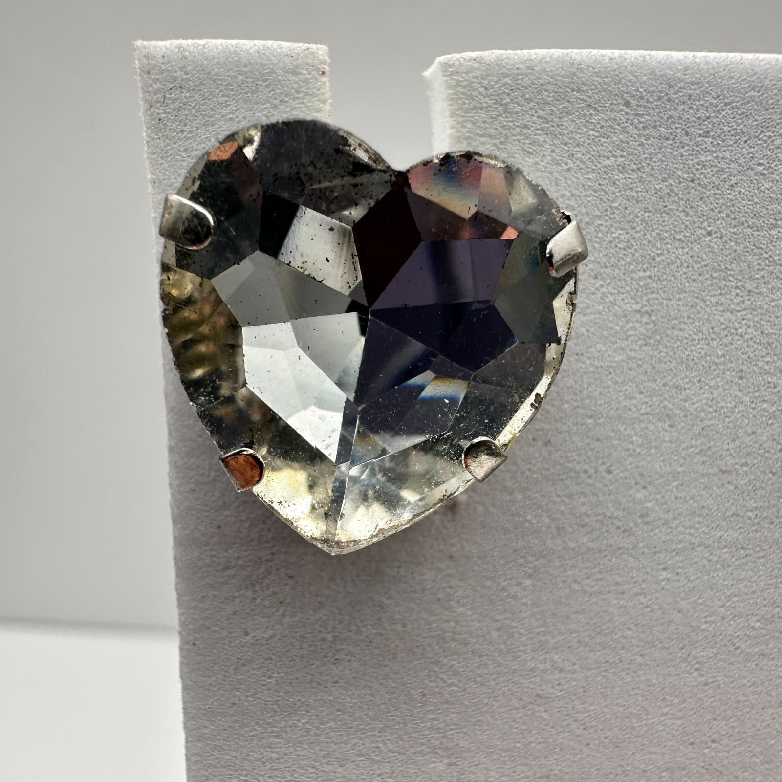 Vintage 90s Silver Tone Large Clear Heart Glass Stud Earrings Retro Jewelry - Thumbnail 3