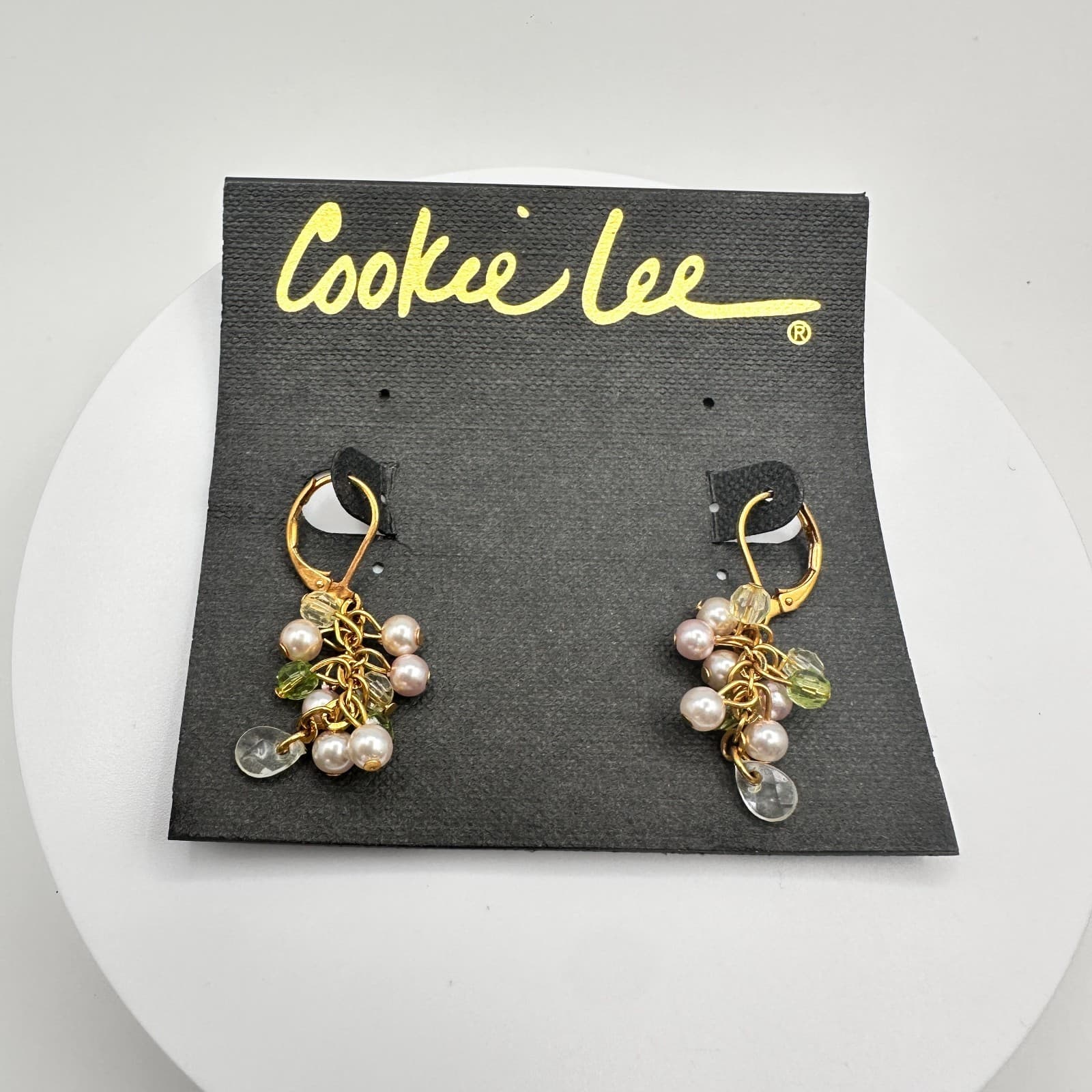 Vintage 90s Cookie Lee Pearl & Glass Cluster Dangle Gold Tone Earrings Jewelry - Thumbnail 10