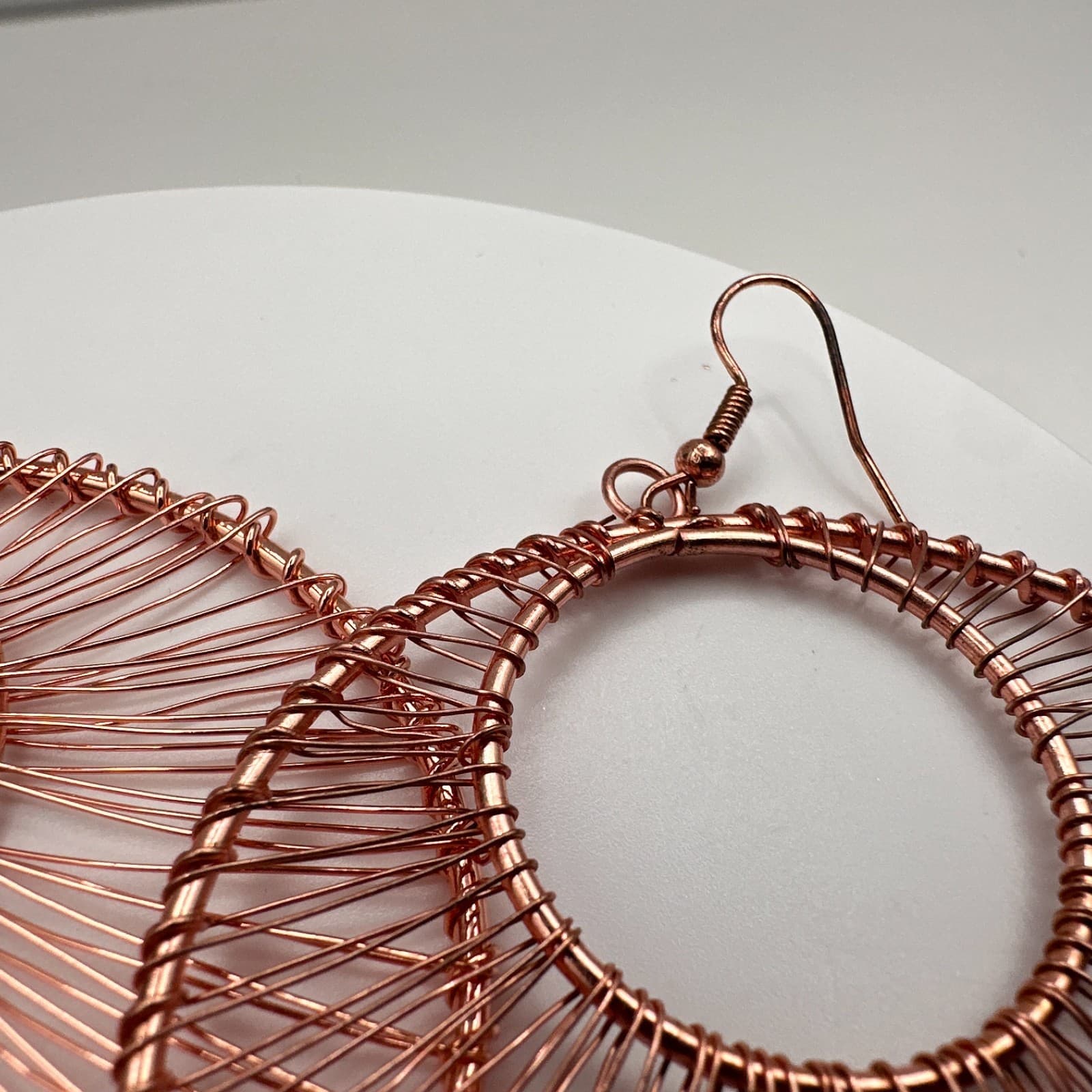Vintage 90s Rose Gold Tone Wire Wrapped Large Round Hoop Dangle Earrings Boho - Thumbnail 8