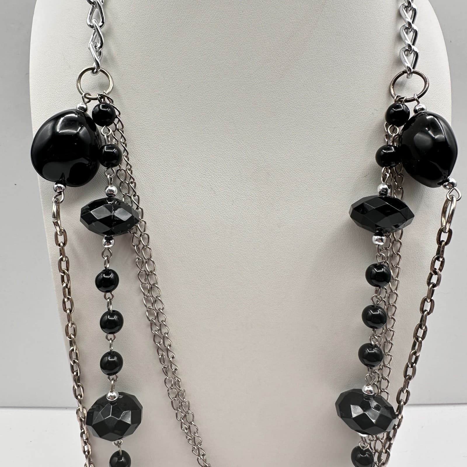 Vintage 90s Multi-Strand Silver Tone Layered Necklace Black Bead Boho Statement - Thumbnail 2