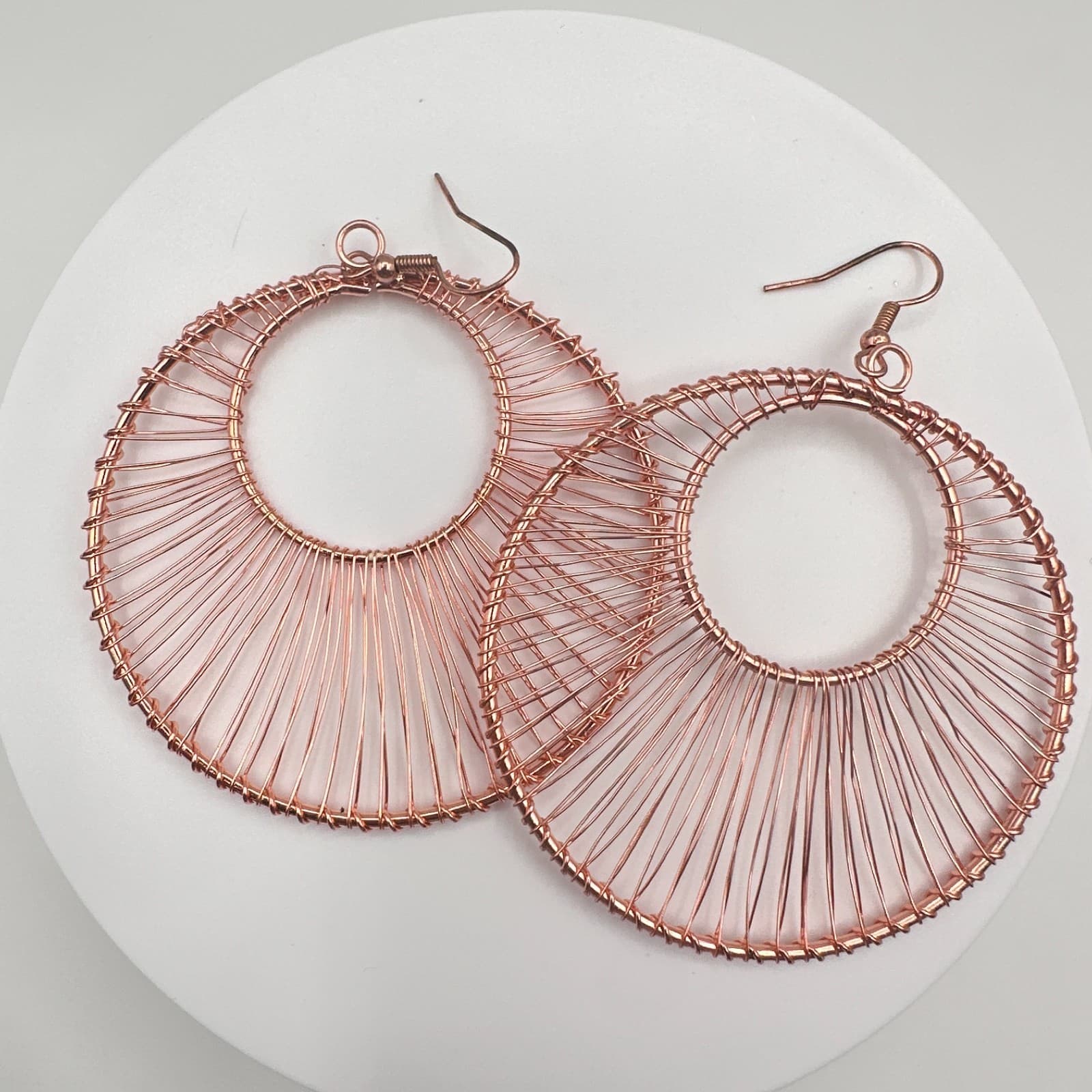 Vintage 90s Rose Gold Tone Wire Wrapped Large Round Hoop Dangle Earrings Boho - Thumbnail 13