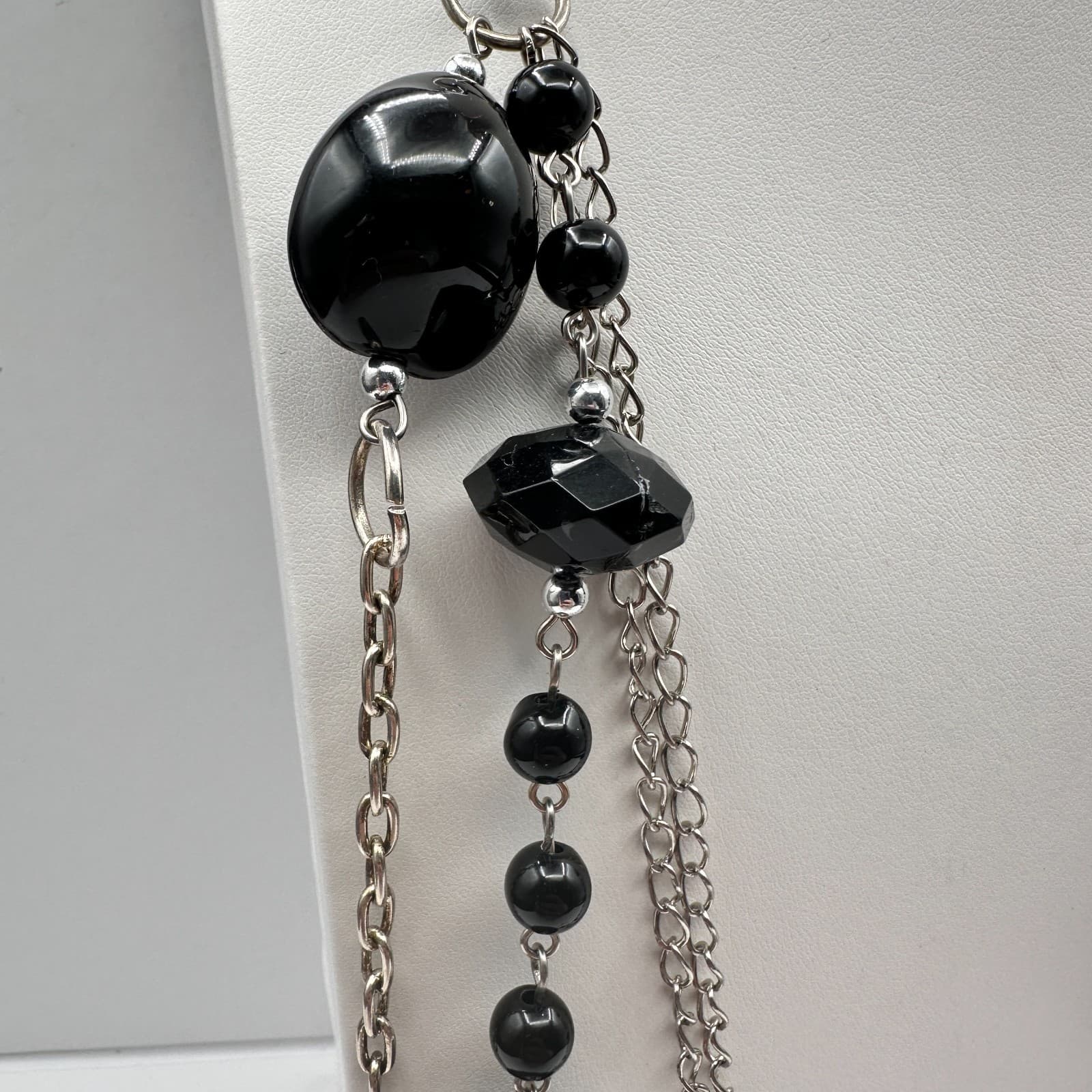Vintage 90s Multi-Strand Silver Tone Layered Necklace Black Bead Boho Statement - Thumbnail 3