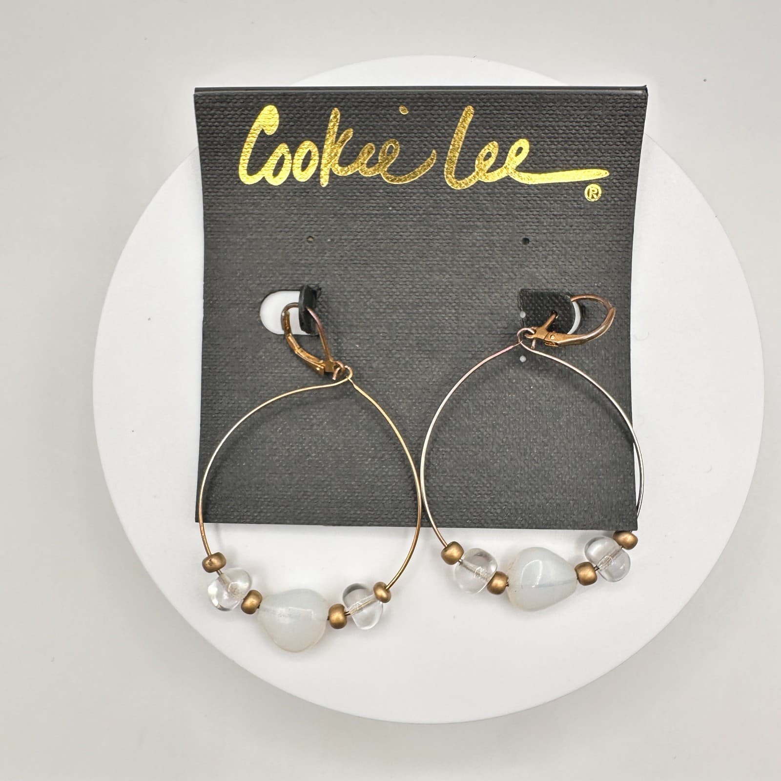 Vintage 90s Cookie Lee Gold Tone Cream Clear Bead Hoop Dangle Earrings Jewelry - Image 1