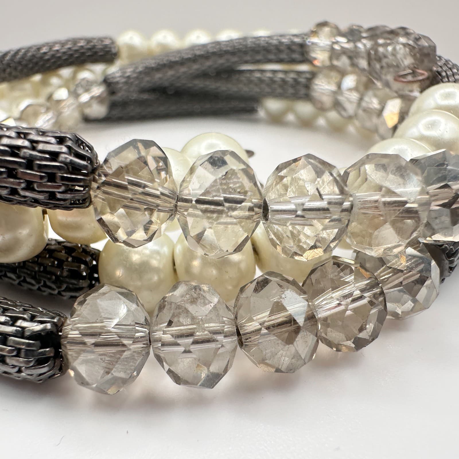 Vintage 90s Mixed Media Wrap Bracelet Pearl Glass Gunmetal Mesh Boho Statement - Thumbnail 6