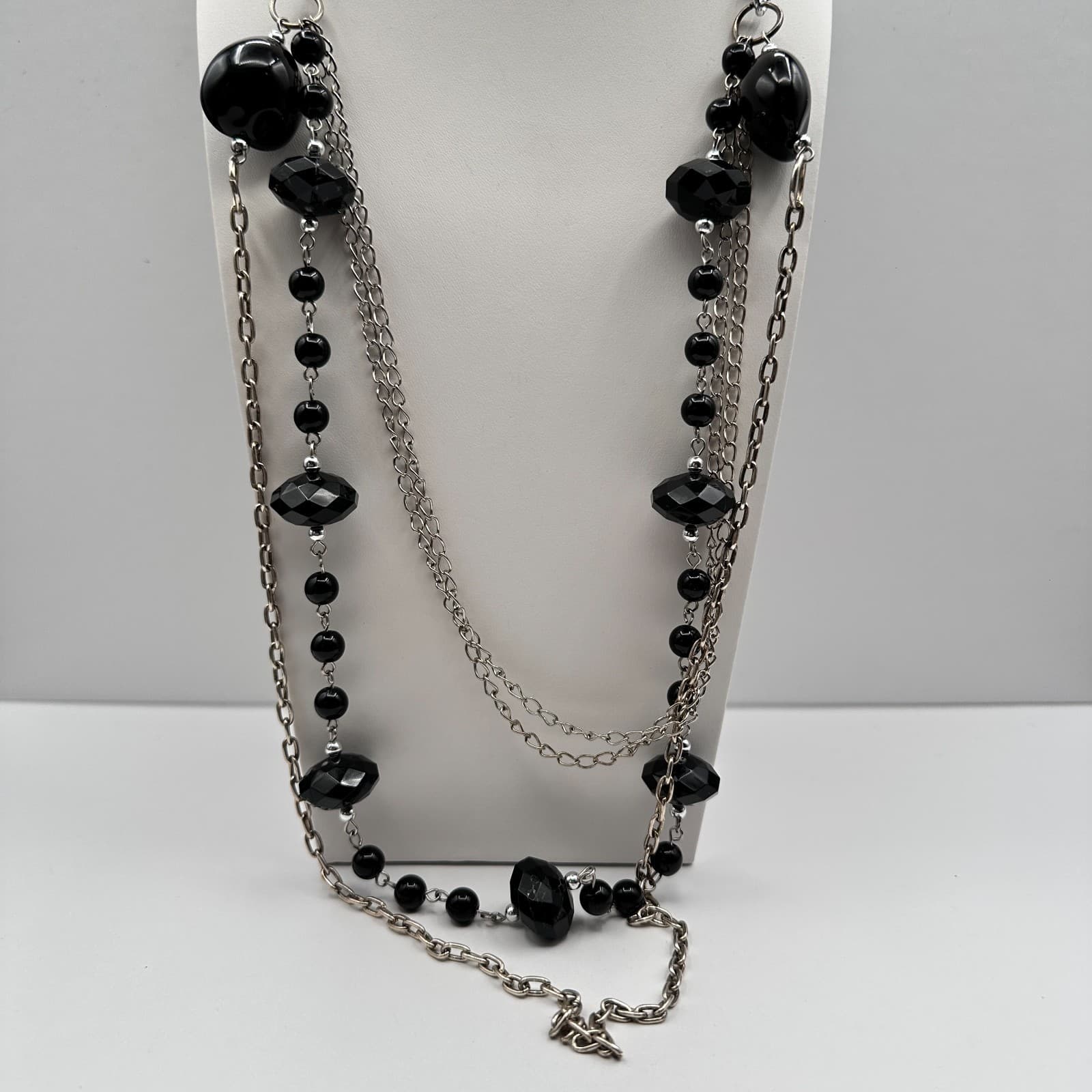 Vintage 90s Multi-Strand Silver Tone Layered Necklace Black Bead Boho Statement - Image 1