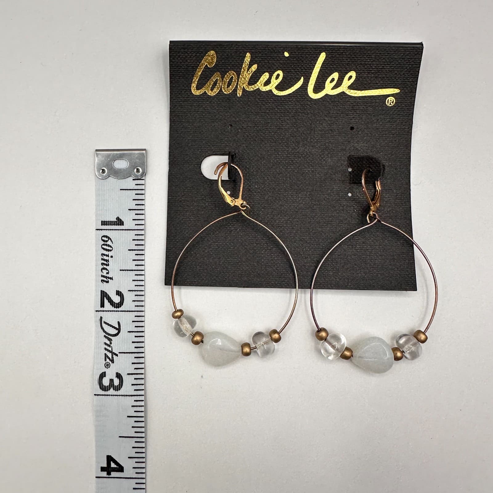 Vintage 90s Cookie Lee Gold Tone Cream Clear Bead Hoop Dangle Earrings Jewelry - Thumbnail 8