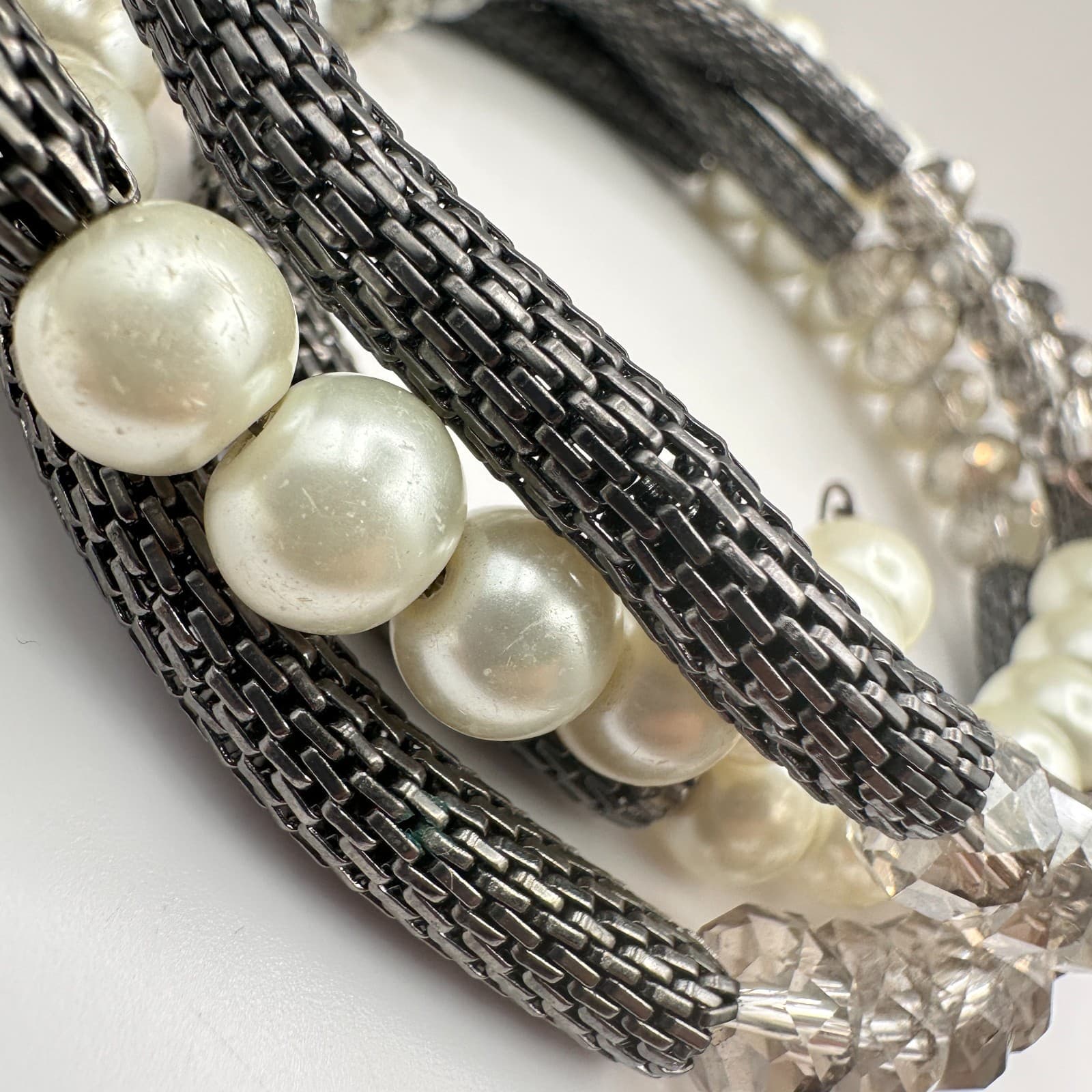 Vintage 90s Mixed Media Wrap Bracelet Pearl Glass Gunmetal Mesh Boho Statement - Thumbnail 5