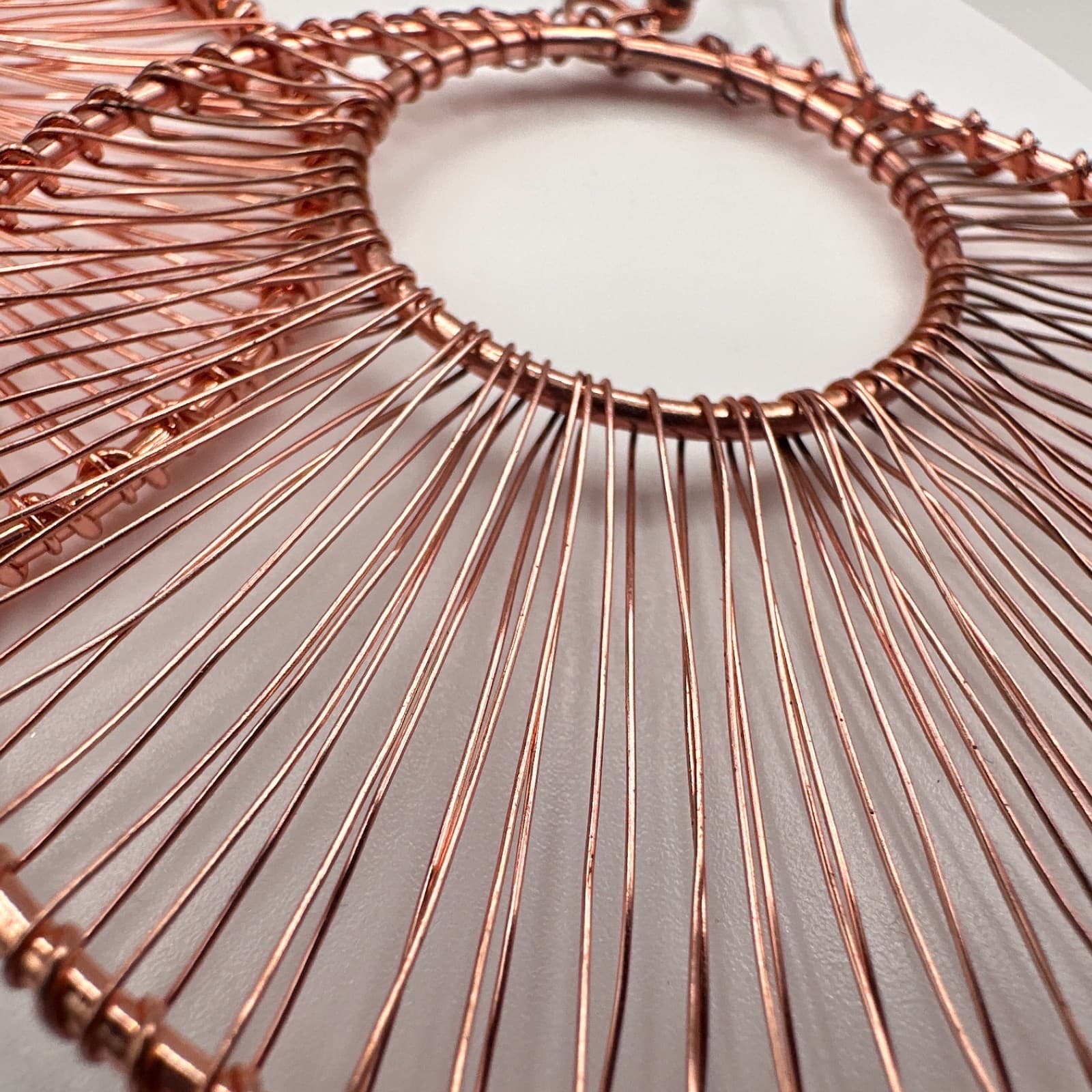 Vintage 90s Rose Gold Tone Wire Wrapped Large Round Hoop Dangle Earrings Boho - Thumbnail 11