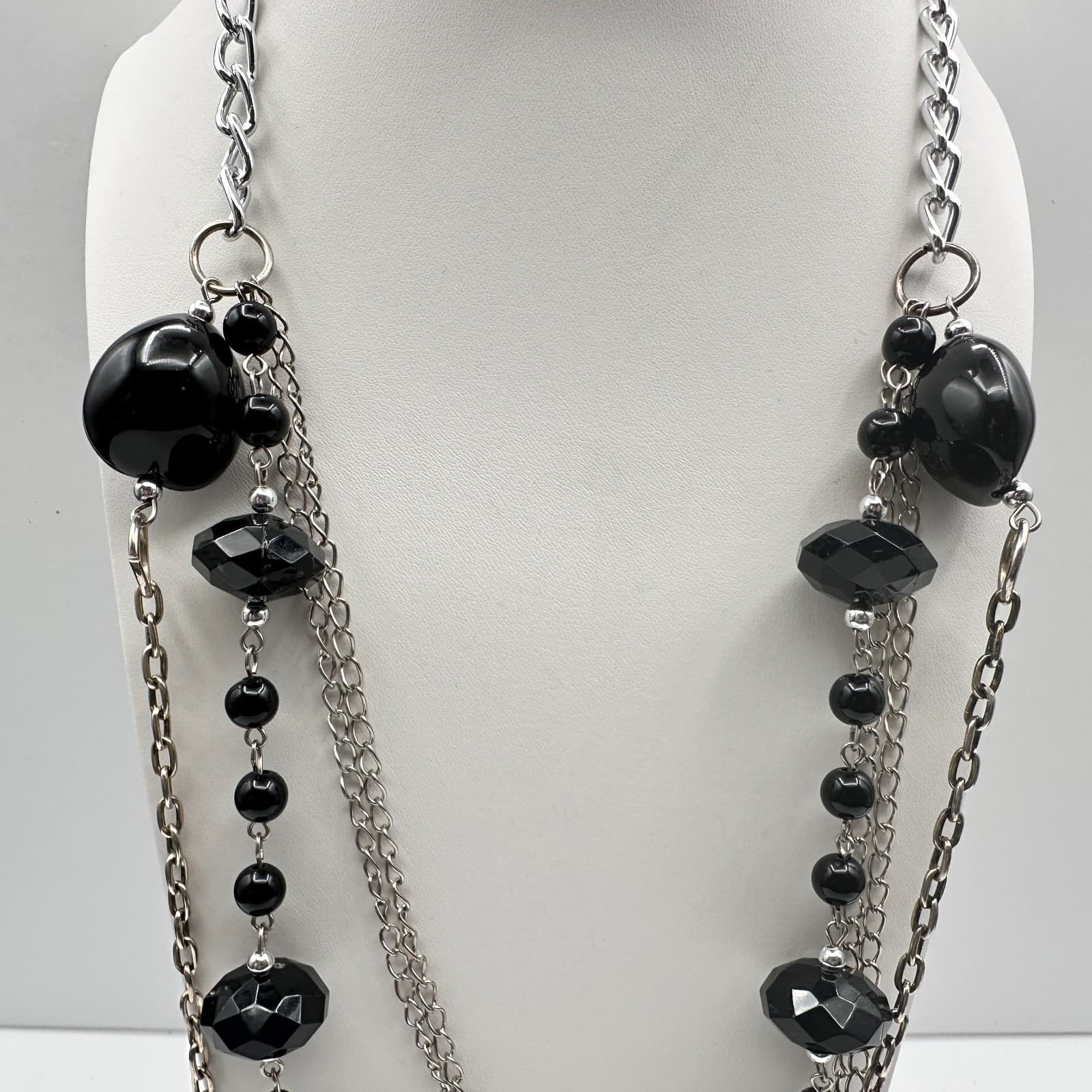 Vintage 90s Multi-Strand Silver Tone Layered Necklace Black Bead Boho Statement - Thumbnail 12