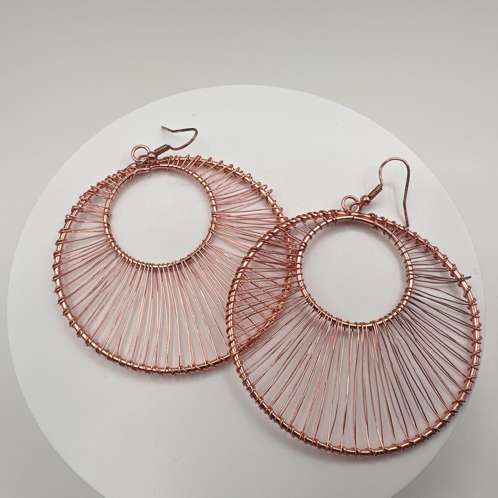 Vintage 90s Rose Gold Tone Wire Wrapped Large Round Hoop Dangle Earrings Boho - Thumbnail 9
