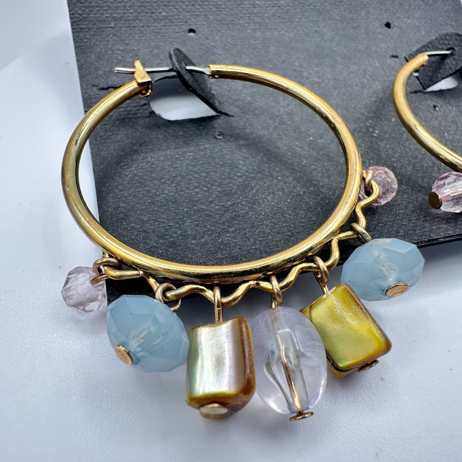 Vintage 90s Cookie Lee Gold Tone Hoop Earrings Multi-Colour Beads Ring Jewelry - Thumbnail 5