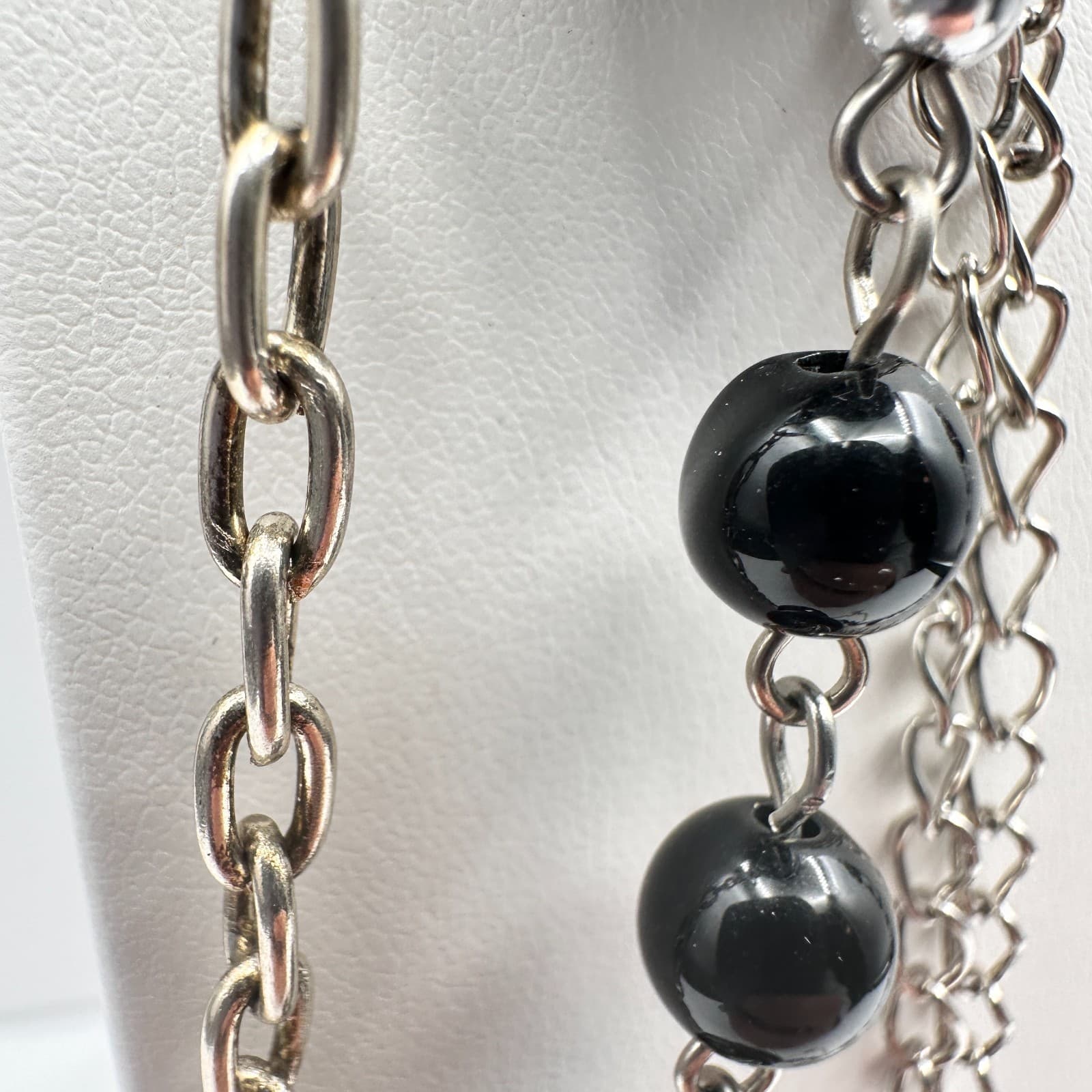 Vintage 90s Multi-Strand Silver Tone Layered Necklace Black Bead Boho Statement - Thumbnail 7