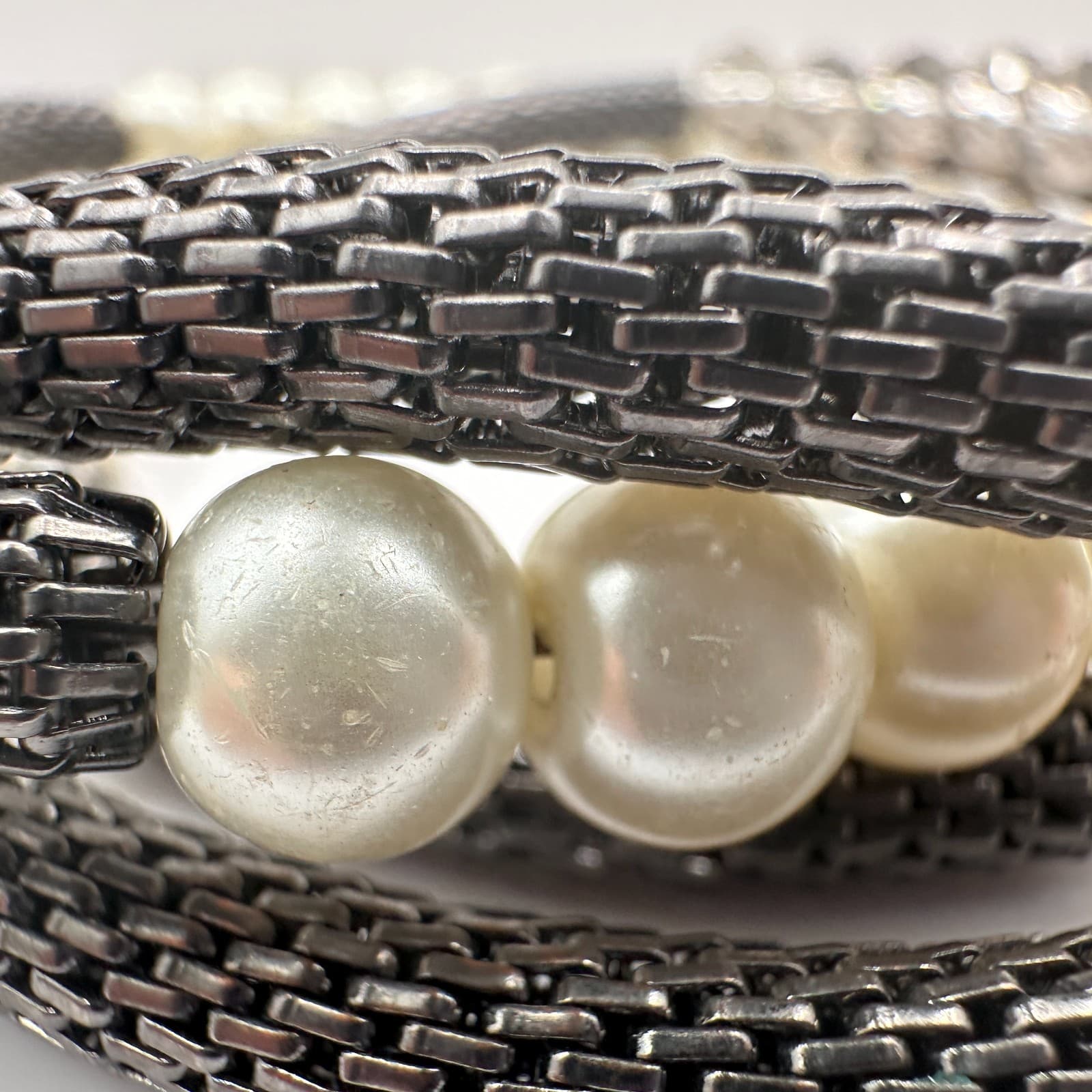Vintage 90s Mixed Media Wrap Bracelet Pearl Glass Gunmetal Mesh Boho Statement - Thumbnail 12