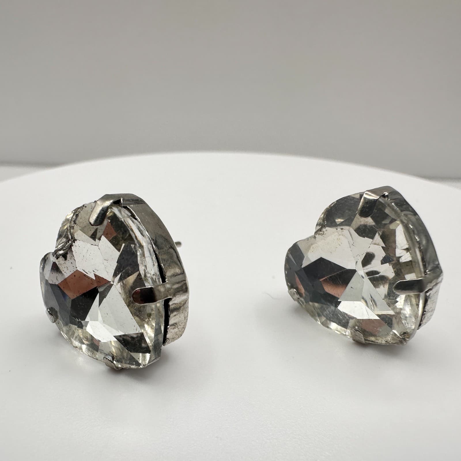 Vintage 90s Silver Tone Large Clear Heart Glass Stud Earrings Retro Jewelry - Thumbnail 10