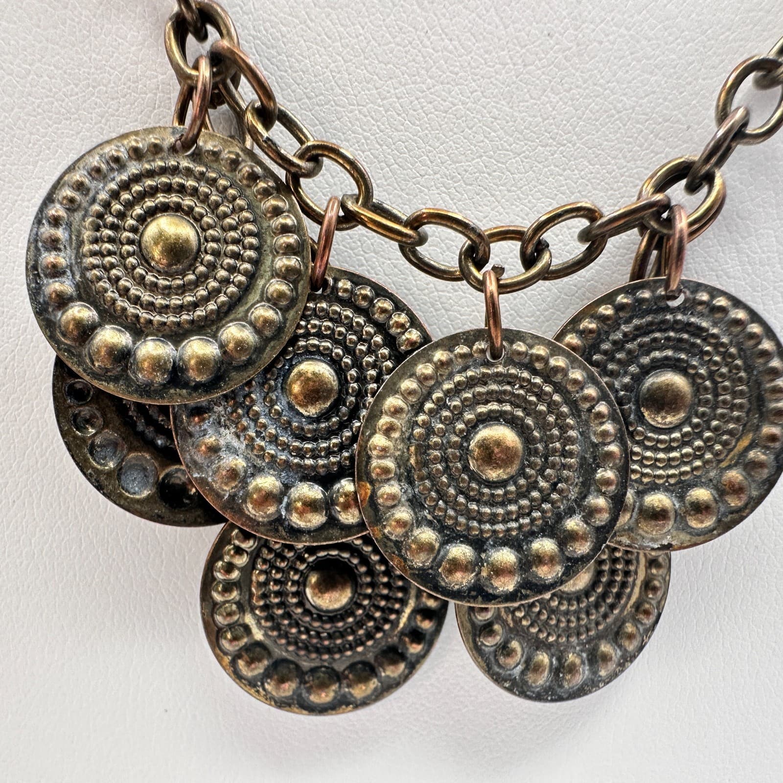 Vintage 70s Bronze Tone Tribal Coin Medallion Chain Hook Dangle Necklace Jewelry - Thumbnail 3