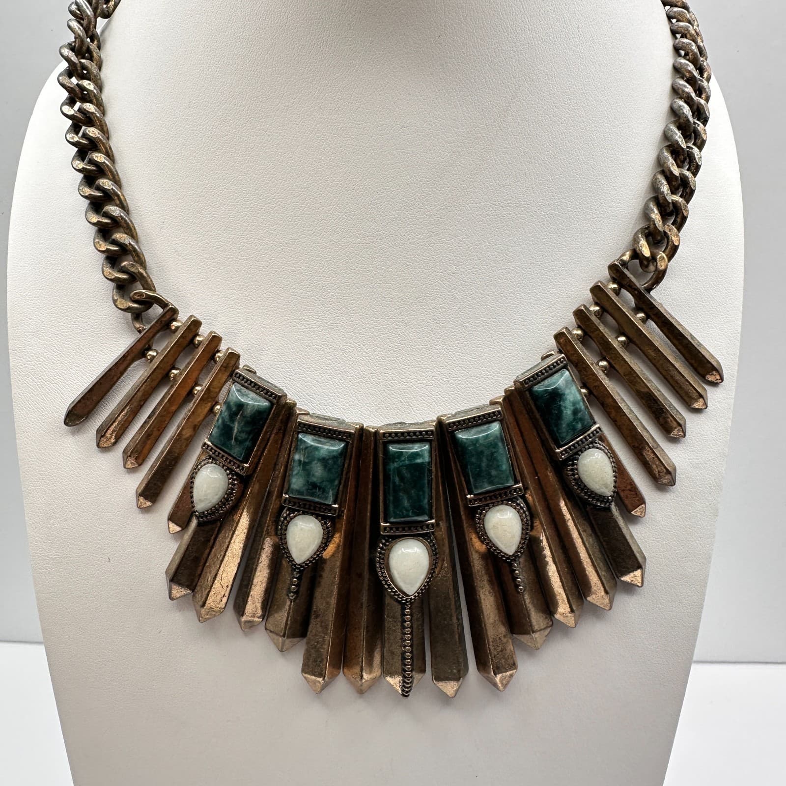 Vintage 80s Bronze Tone Egyptian Style Green White Stone Statement Necklace - Image 1