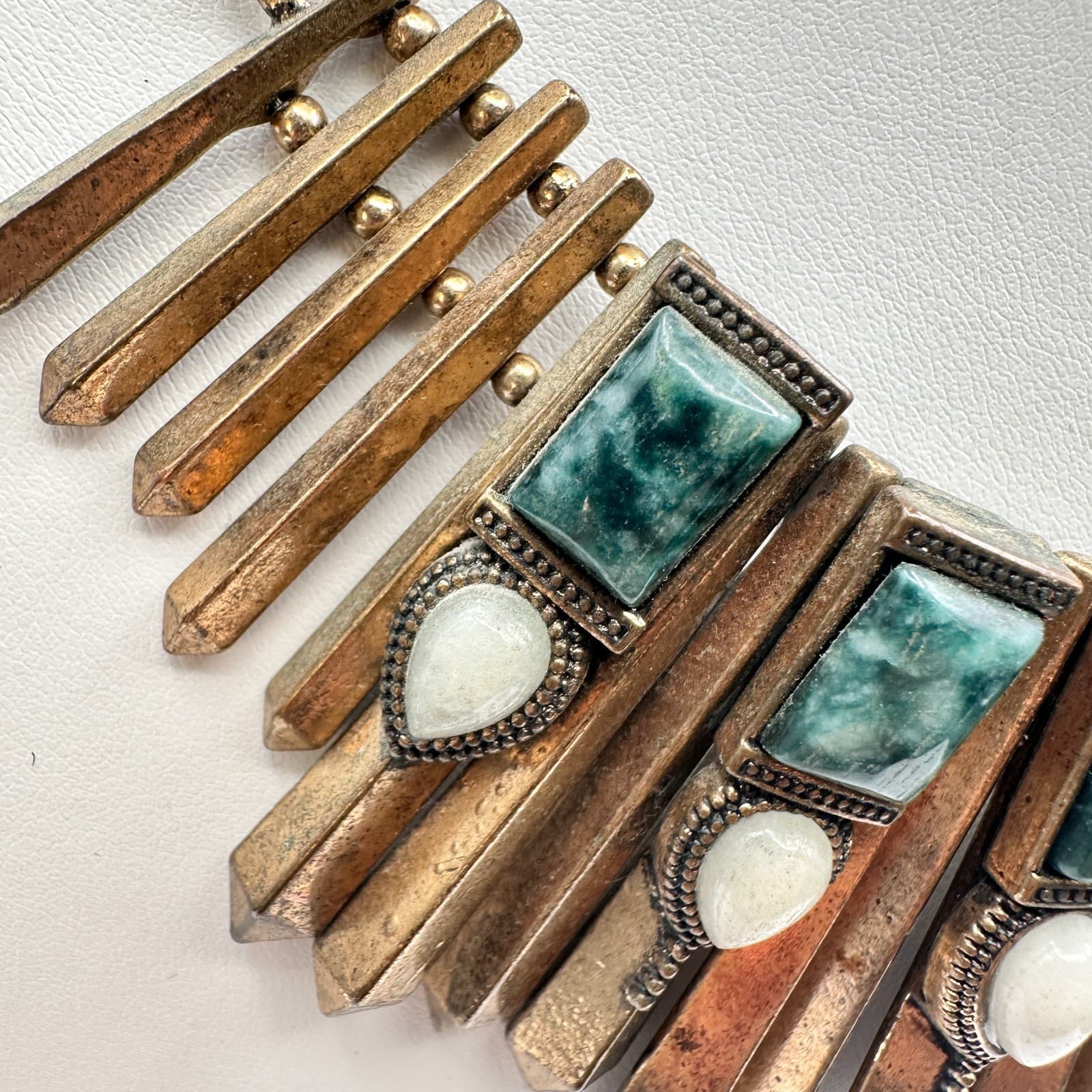 Vintage 80s Bronze Tone Egyptian Style Green White Stone Statement Necklace - Thumbnail 3