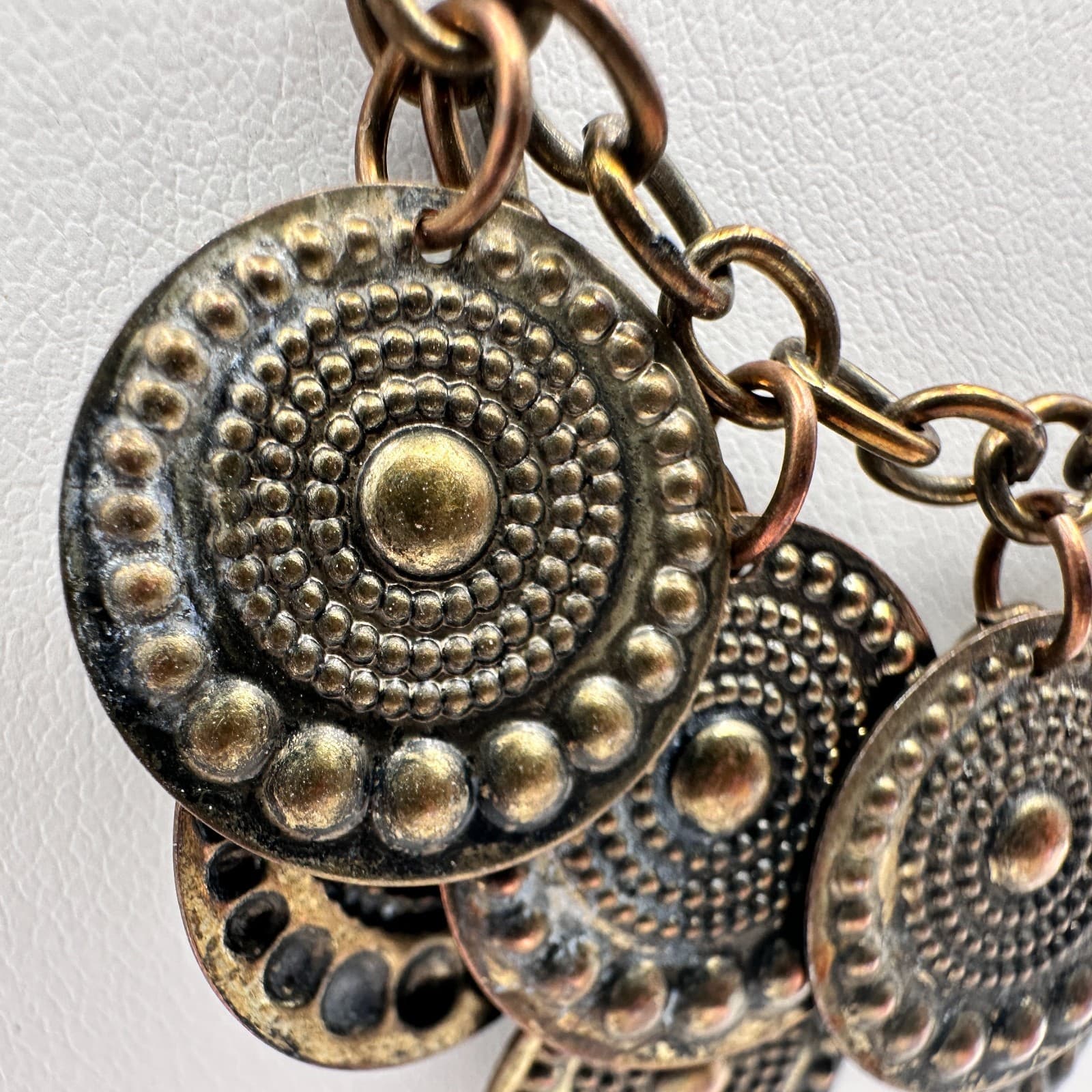 Vintage 70s Bronze Tone Tribal Coin Medallion Chain Hook Dangle Necklace Jewelry - Thumbnail 5