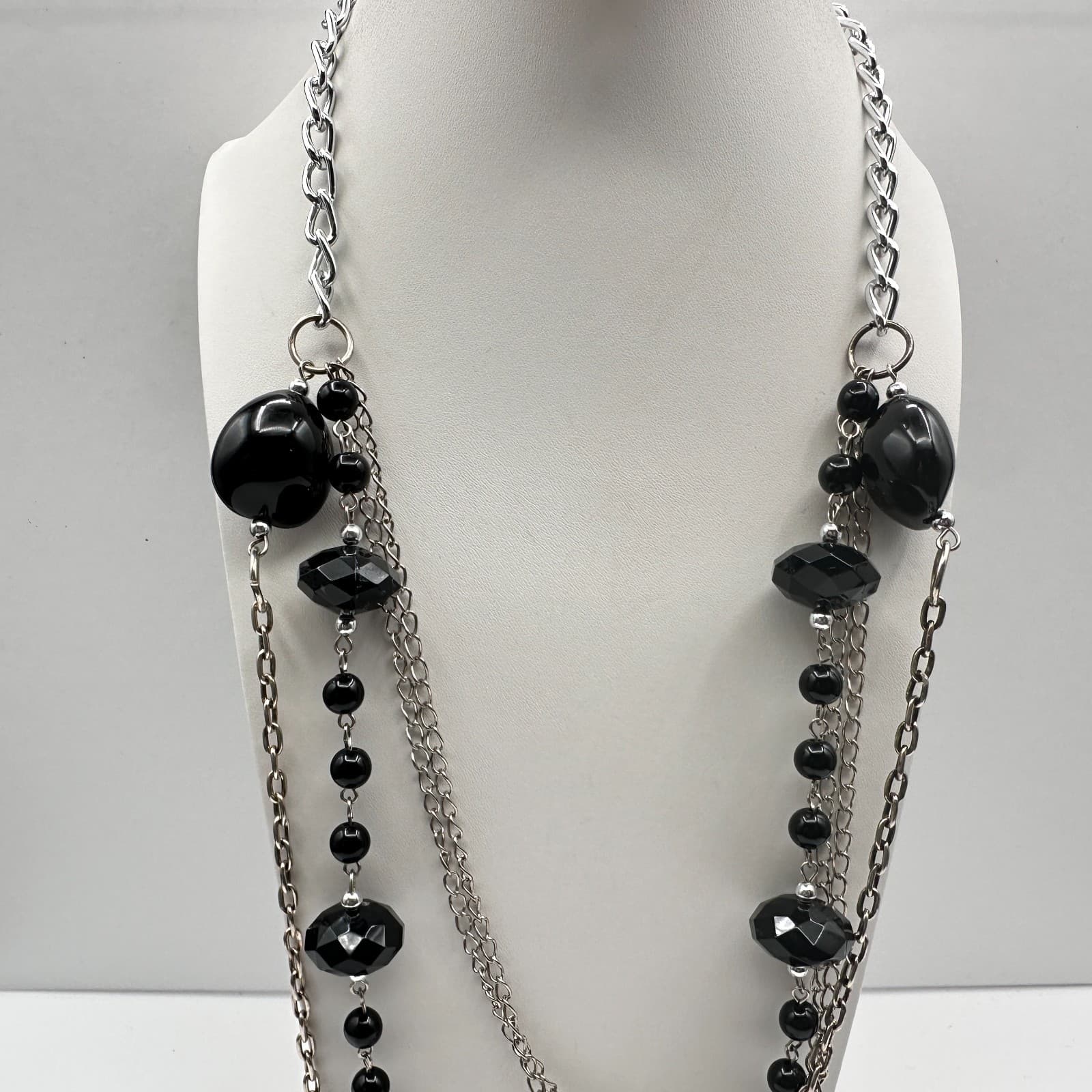 Vintage 90s Multi-Strand Silver Tone Layered Necklace Black Bead Boho Statement - Thumbnail 13